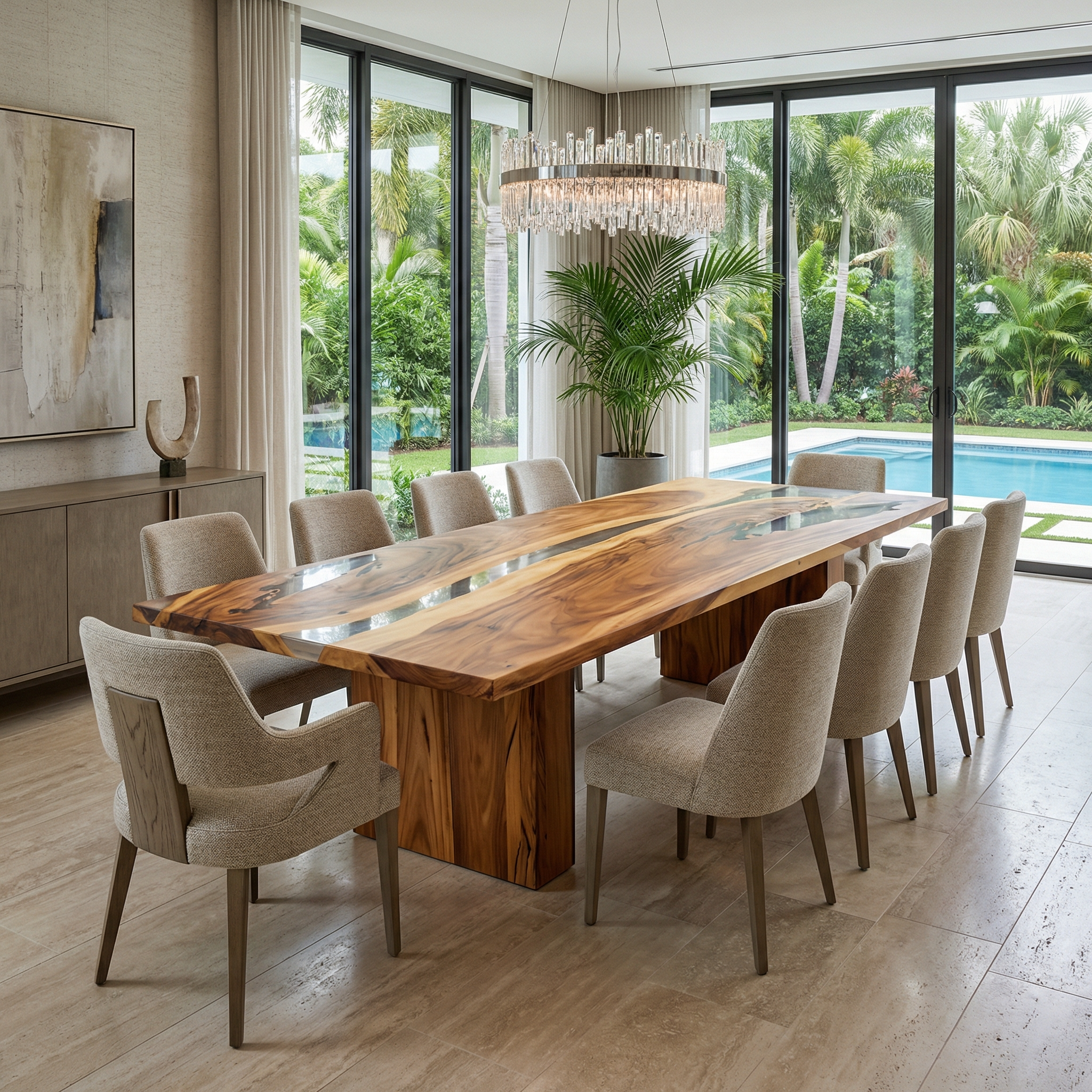A modern dining room with a large wood and glass table under a chandelier, overlooking a pool.