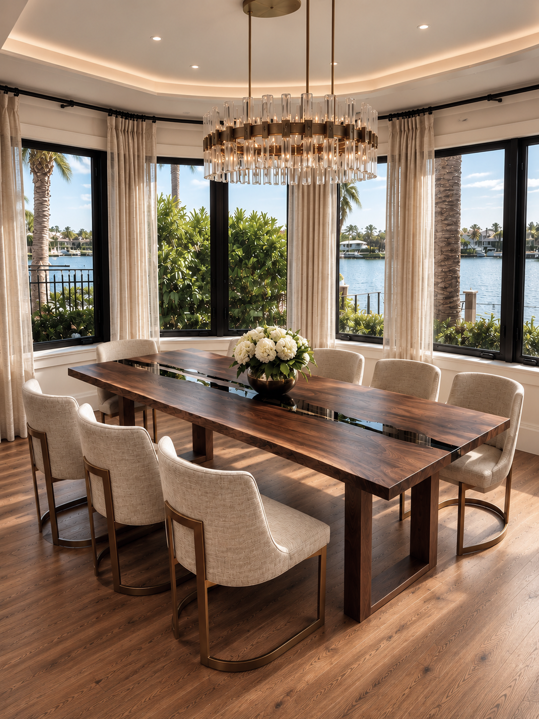 Sedon custom large dining table with solid wood base and epoxy river
