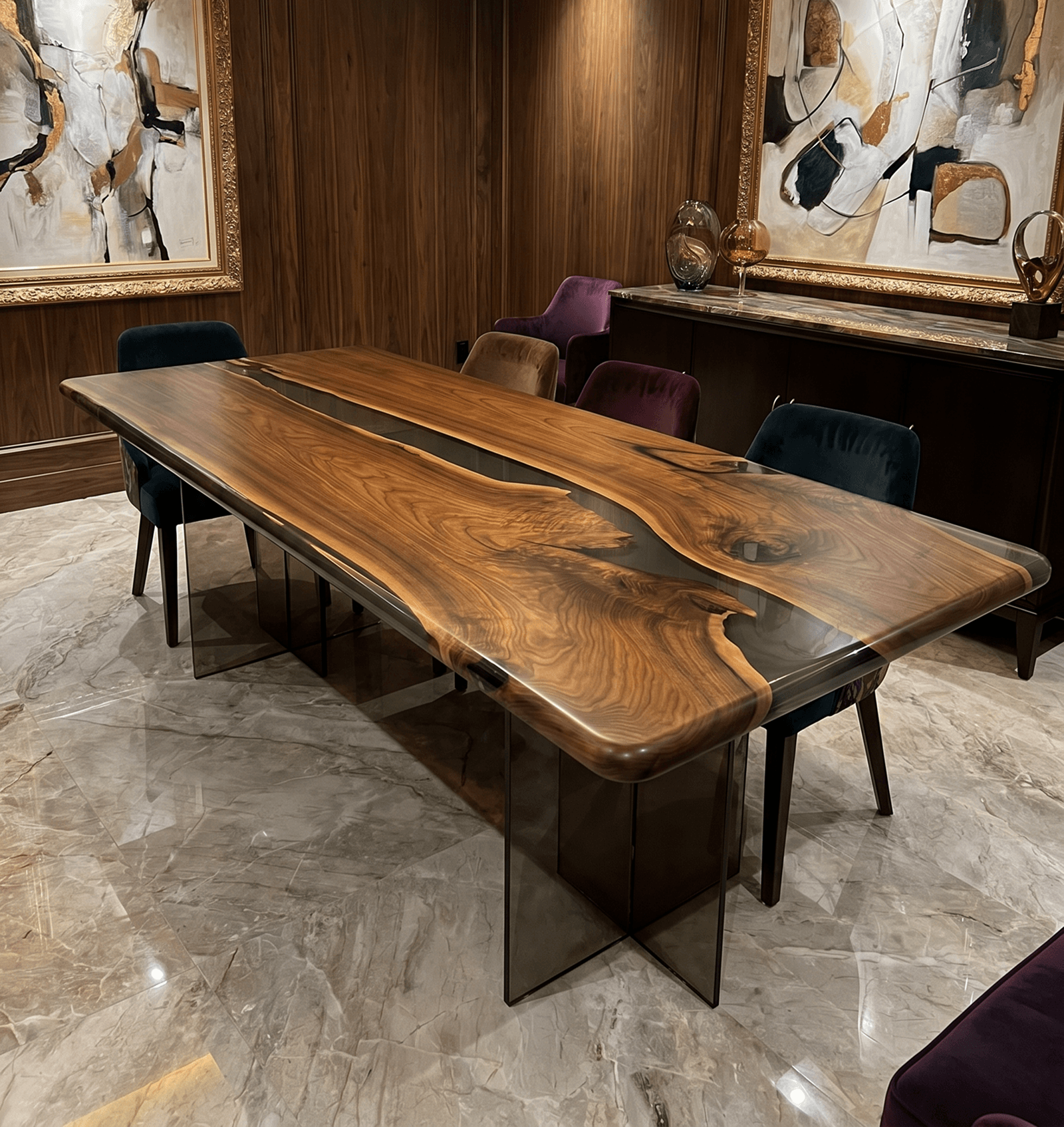 Large Walnut Dining Table with Black Epoxy River