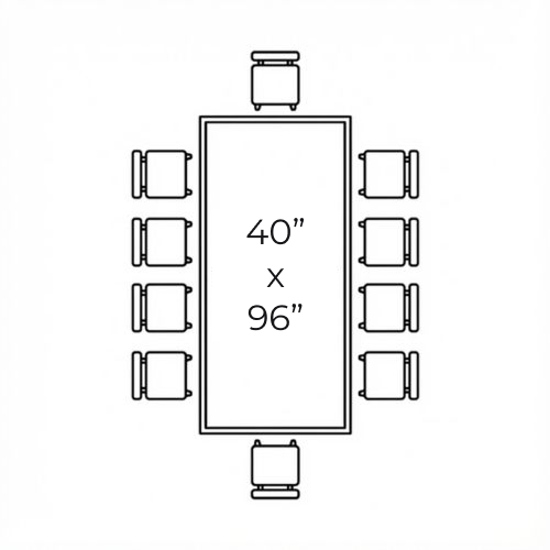 A line drawing showing the dimensions of a rectangular table with ten chairs arranged around it.