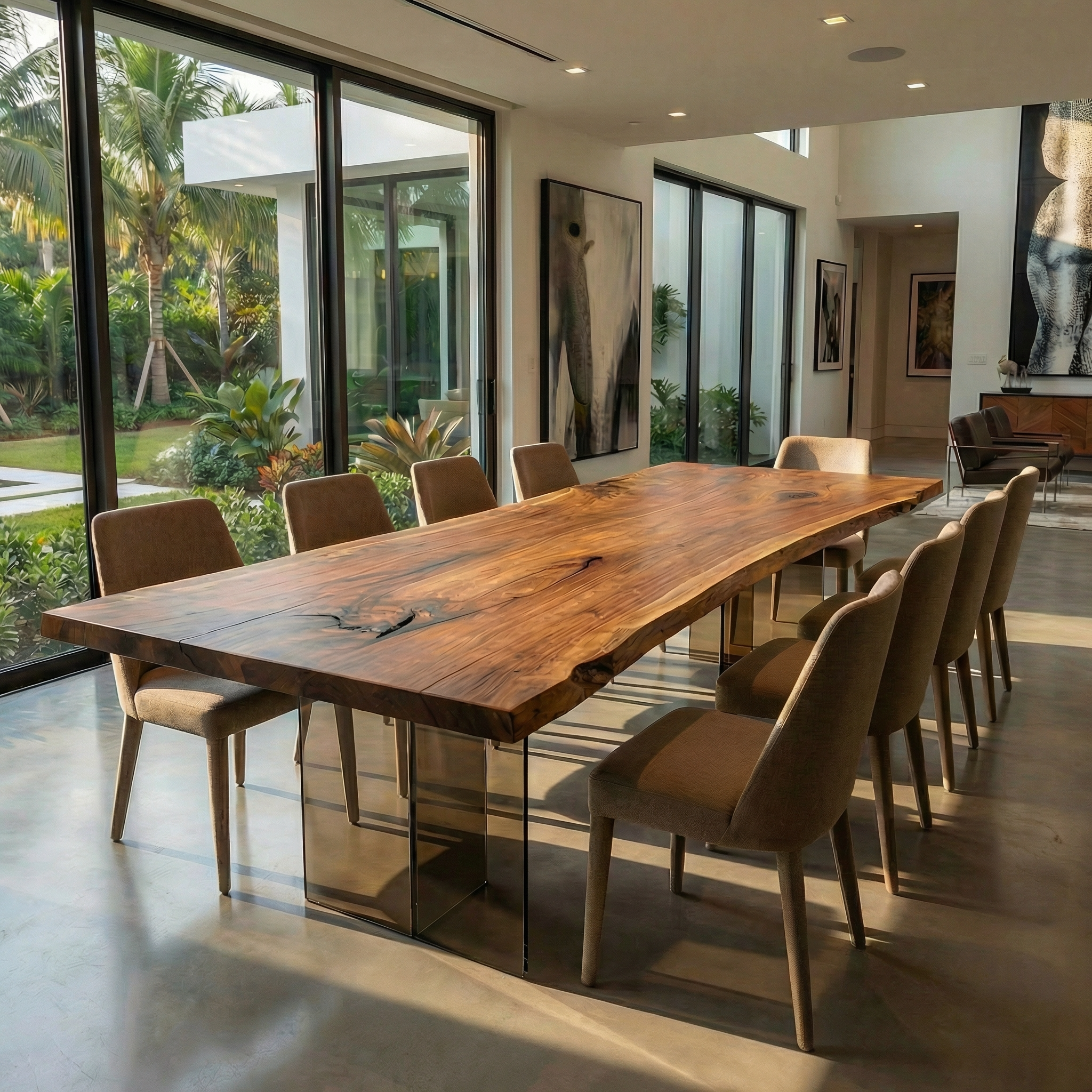 A modern dining room with a long wooden table and chairs overlooking the ocean through large glass doors.