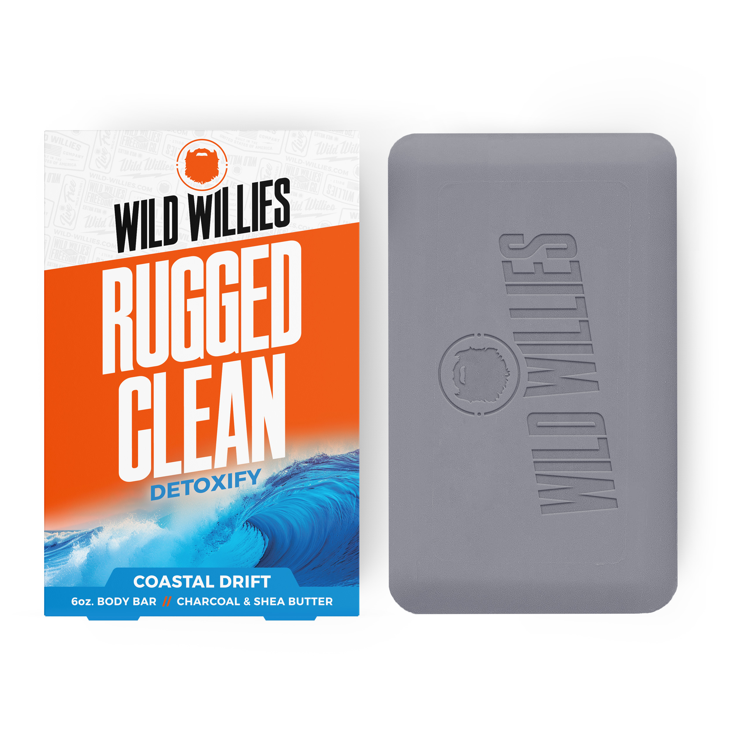 Wild Willies Rugged Clean soap packaging and gray soap bar.