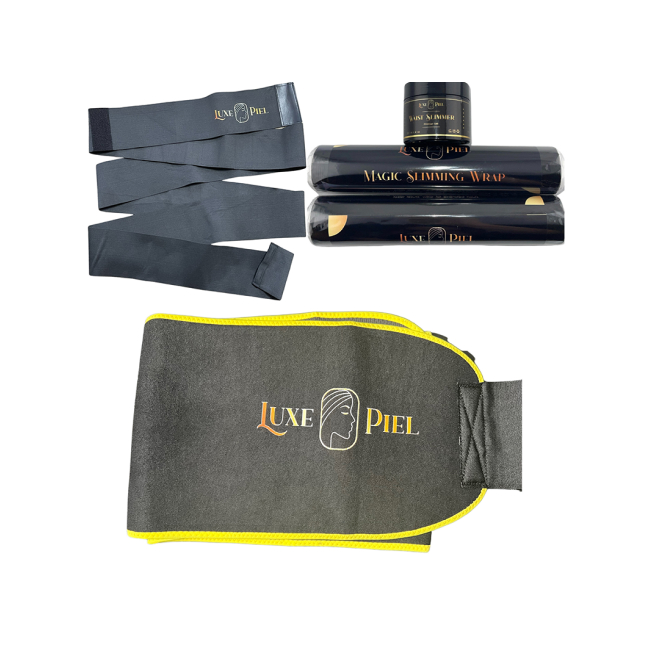 Luxe Piel slimming wraps and belt with black and yellow design.