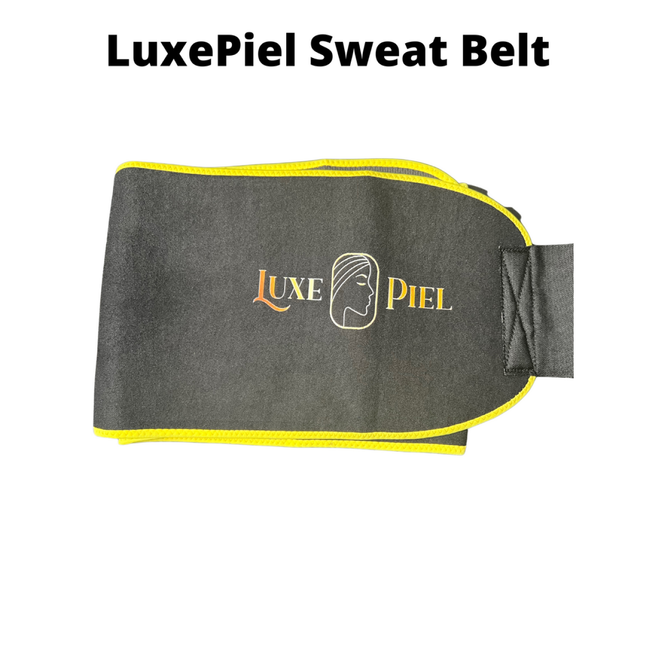 Black sweat belt with yellow trim and 'LuxePiel' logo.