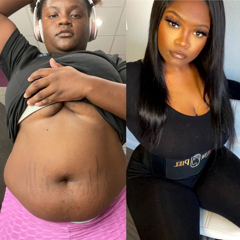 Side-by-side comparison of a woman before and after a transformation.