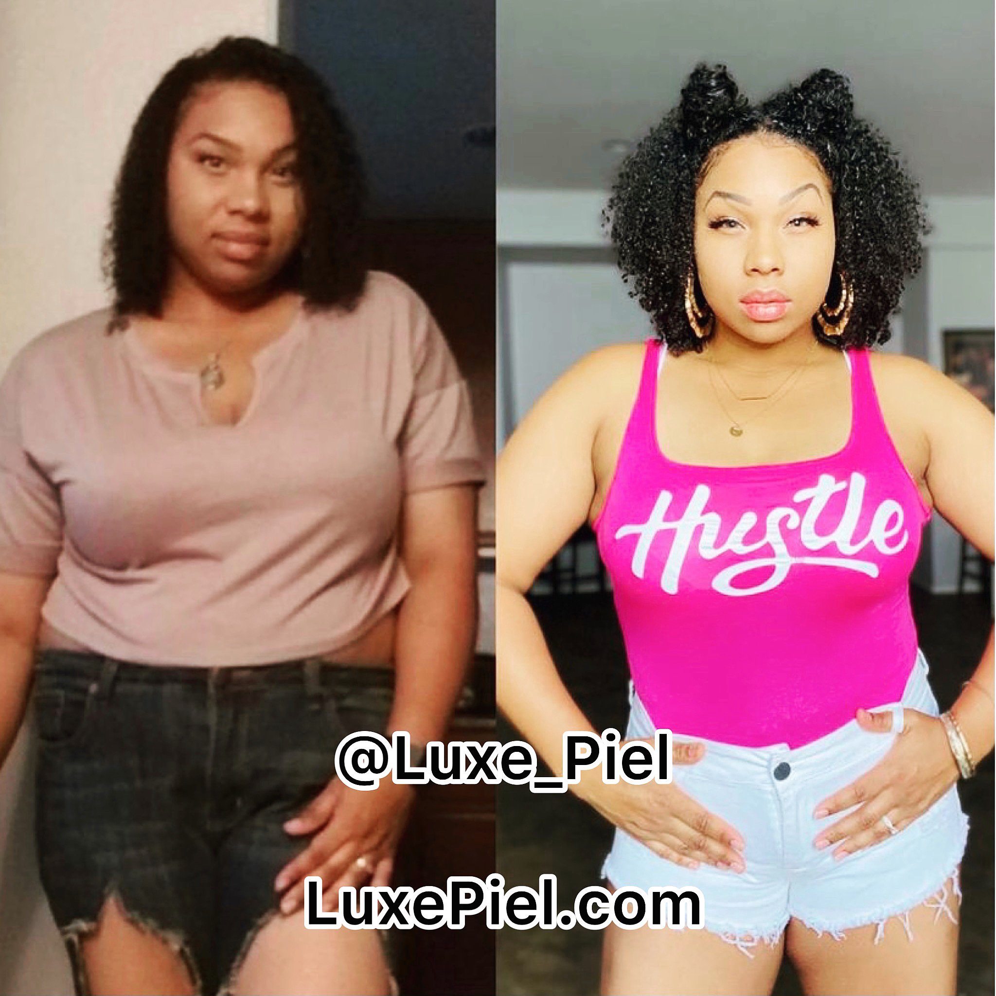 Side-by-side comparison of a woman in different outfits.