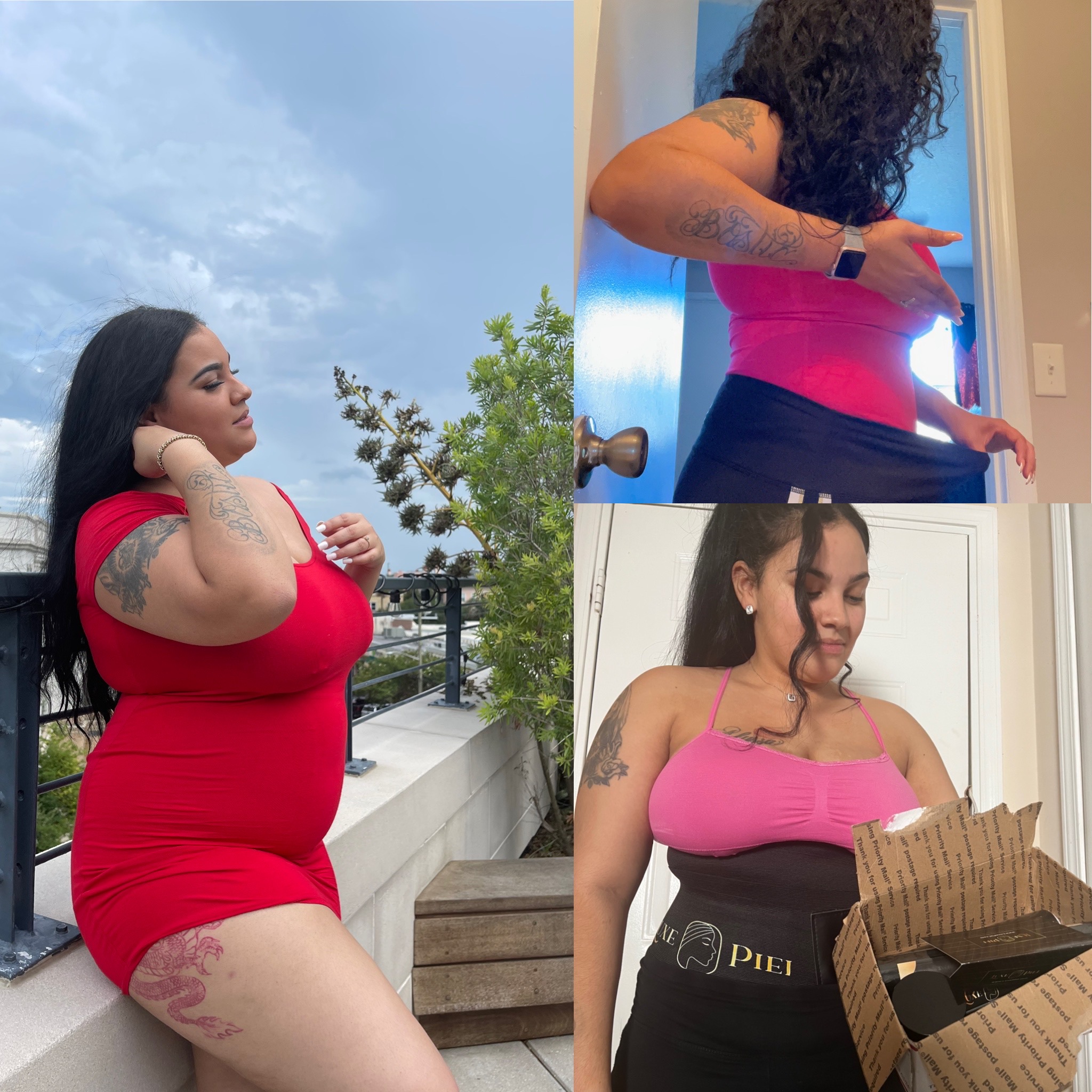 Collage of a woman in red and pink outfits, showing tattoos and opening a box.