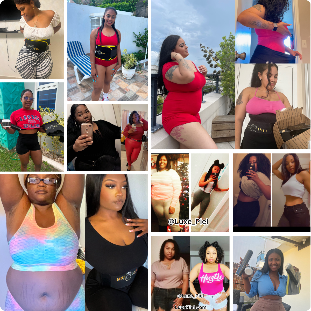Collage of women wearing waist trainers in various settings.