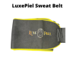 Gray and yellow sweat belt with 'LuxePiel' logo on it.