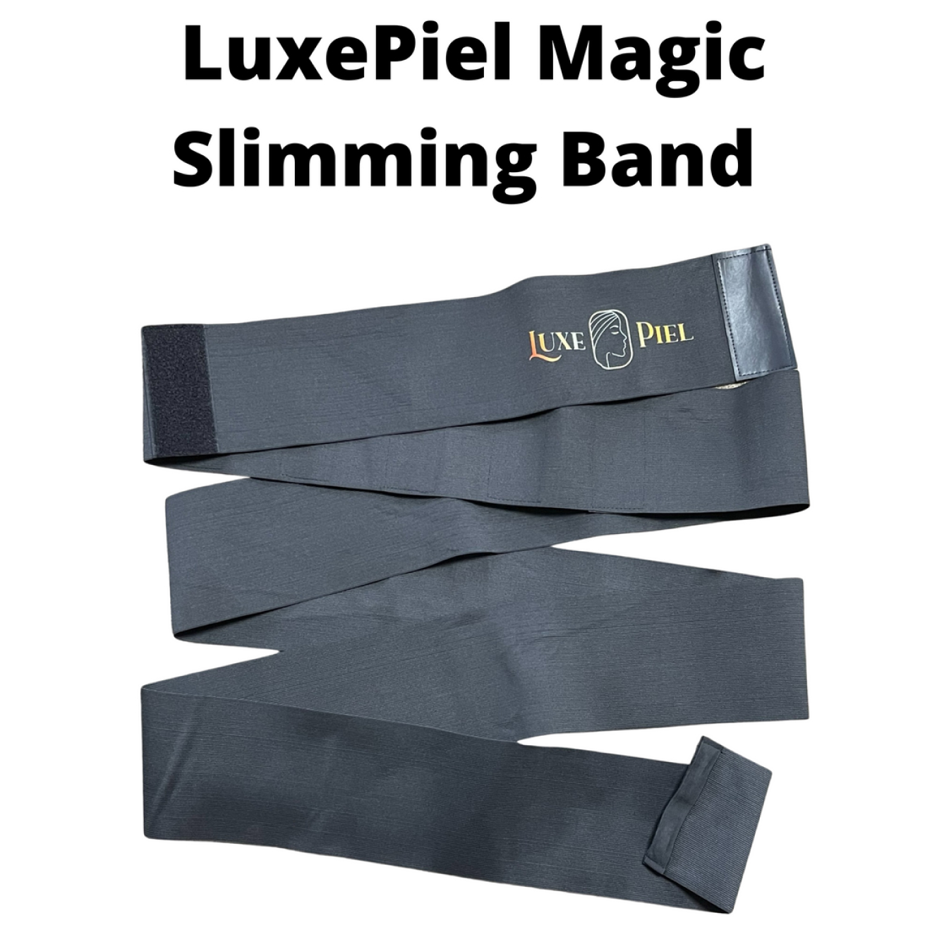 Black slimming band with 'LuxePiel' logo and text above.