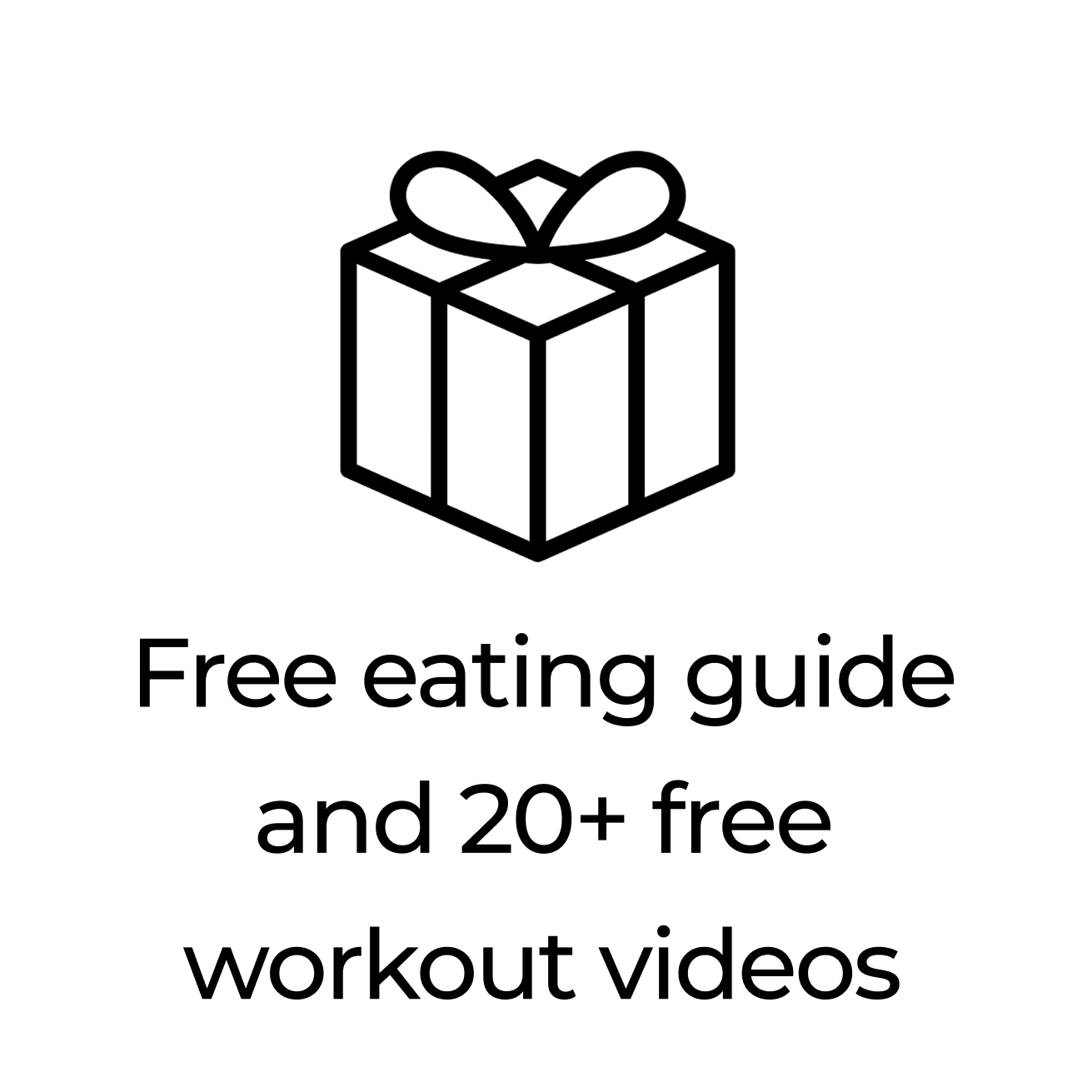 Icon of a gift box with text about free eating guide and workout videos.
