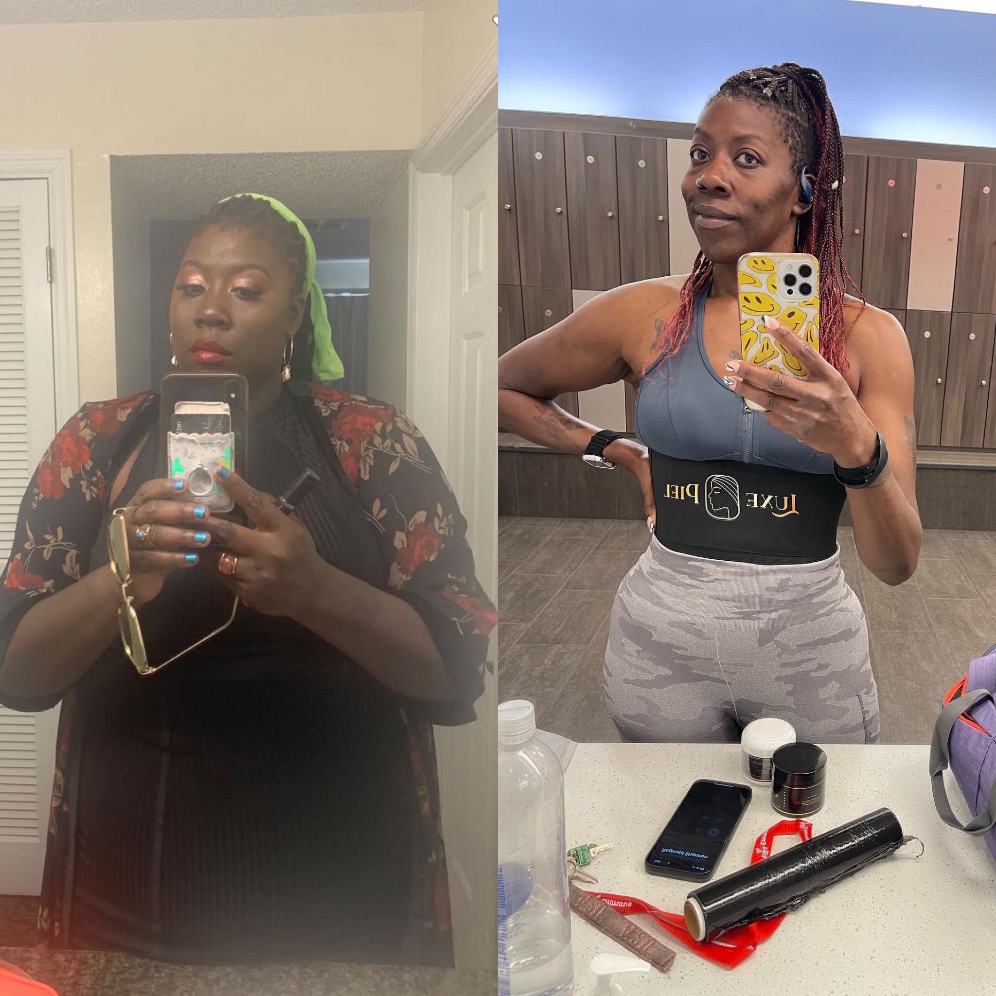 Two side-by-side mirror selfies of a person in different outfits.