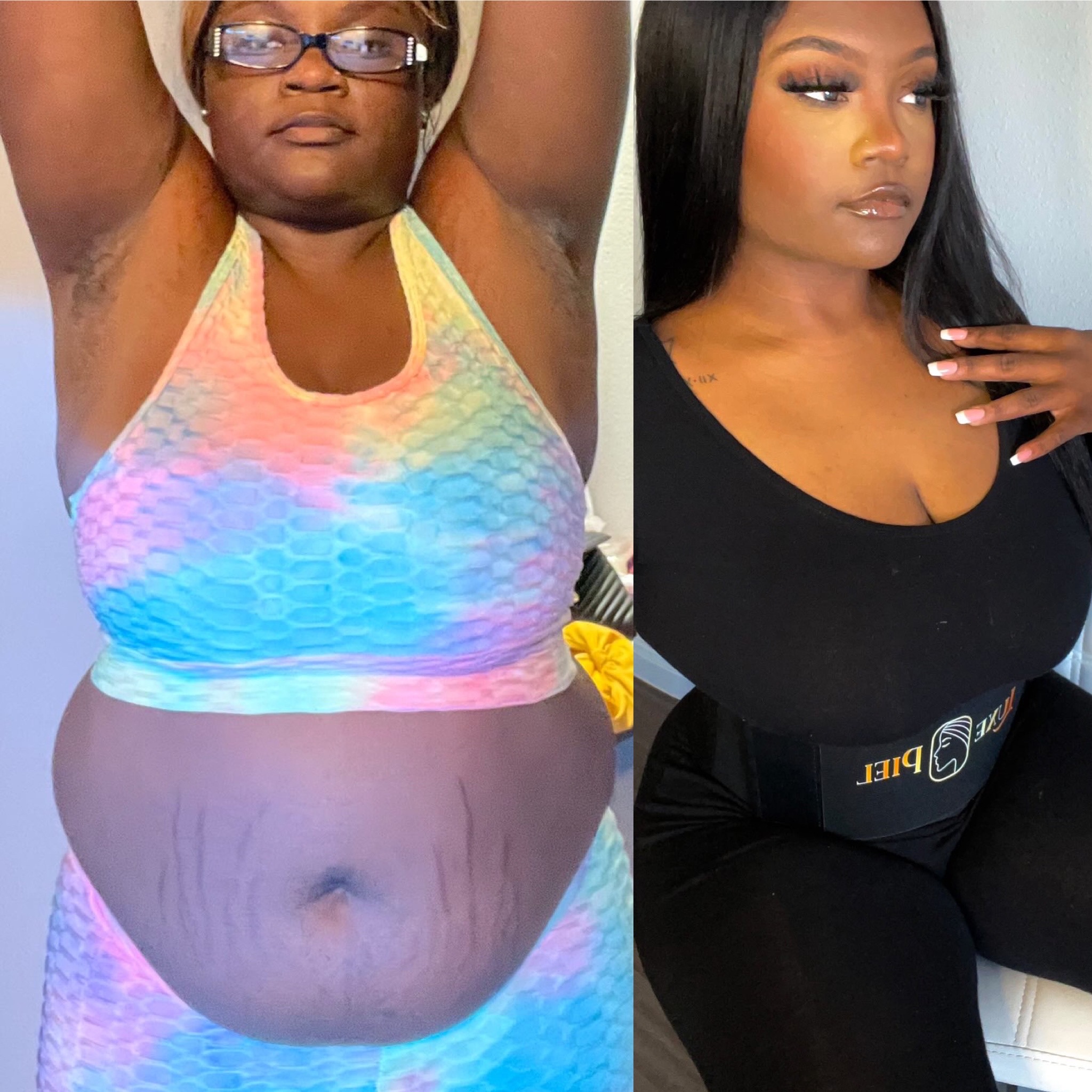 Side-by-side comparison of a person in colorful and black outfits.