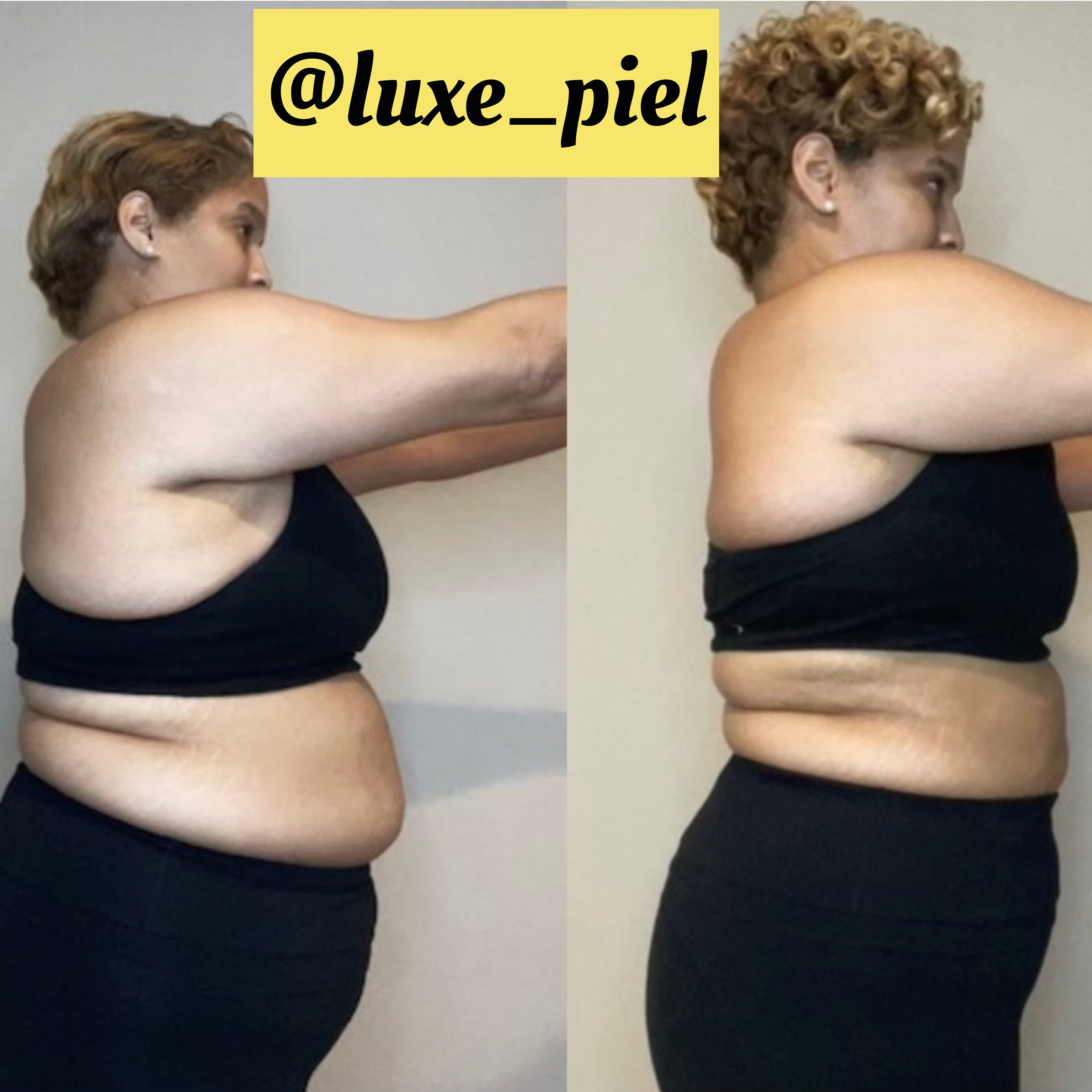 Side-by-side comparison of a person in black clothing, showing body changes.