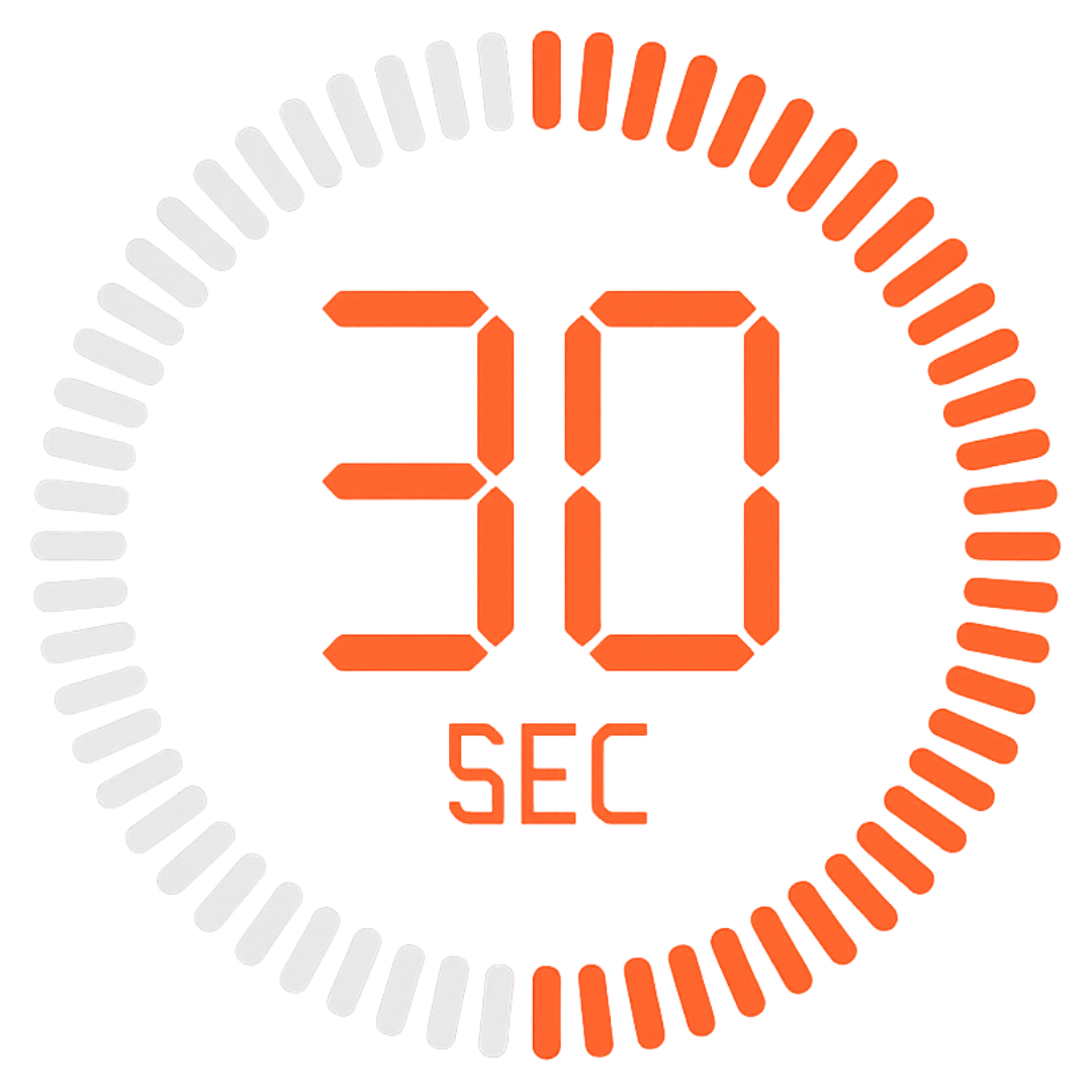 Digital timer displaying 30 seconds with an orange and white circular design.