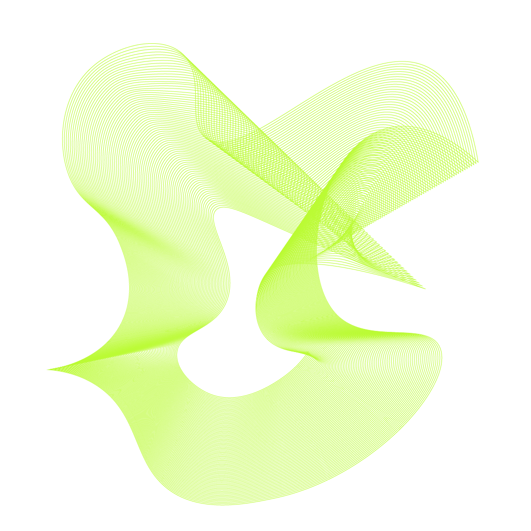 An abstract, flowing shape made of thin, lime-green parallel lines on a white background.
