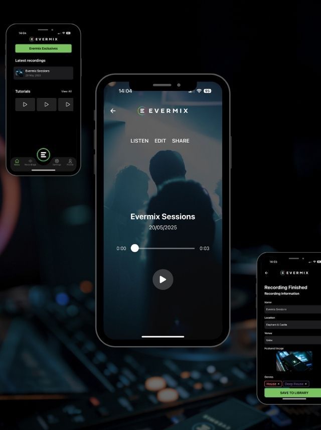 Three smartphones displaying the Evermix app interface with music session details.