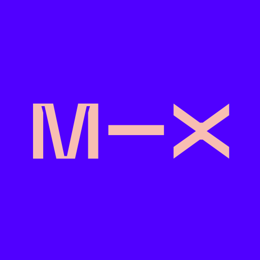 The letters M-X in a light peach color on a solid purple background.