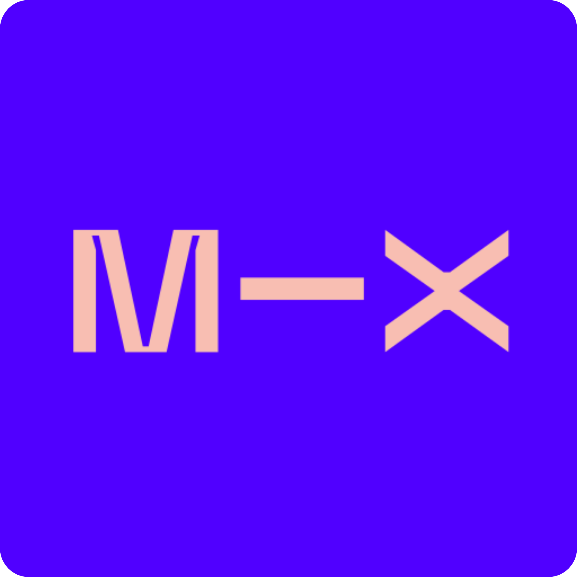 The letters M, a hyphen, and X in a light peach color on a solid purple background.