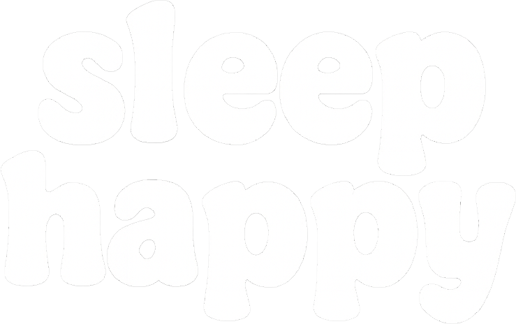 White text 'sleep happy' on a black background.