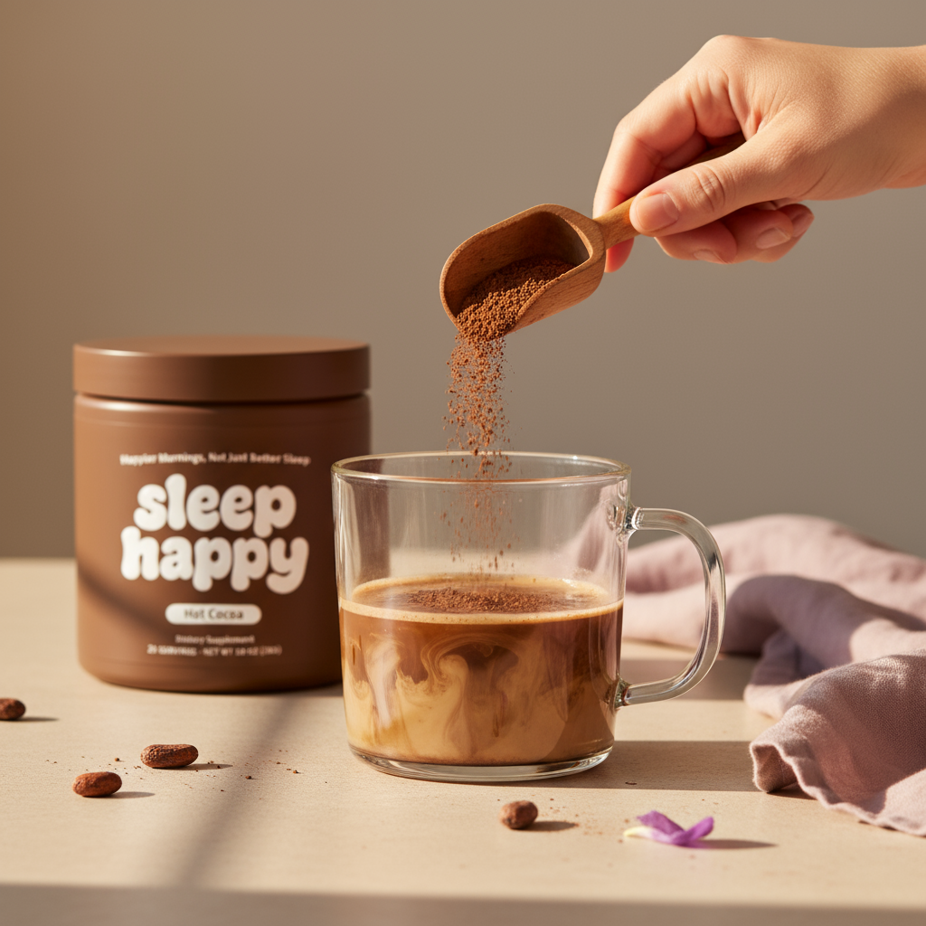 Hand pouring cocoa powder into a glass mug with a container labeled 'sleep happy' in the background.