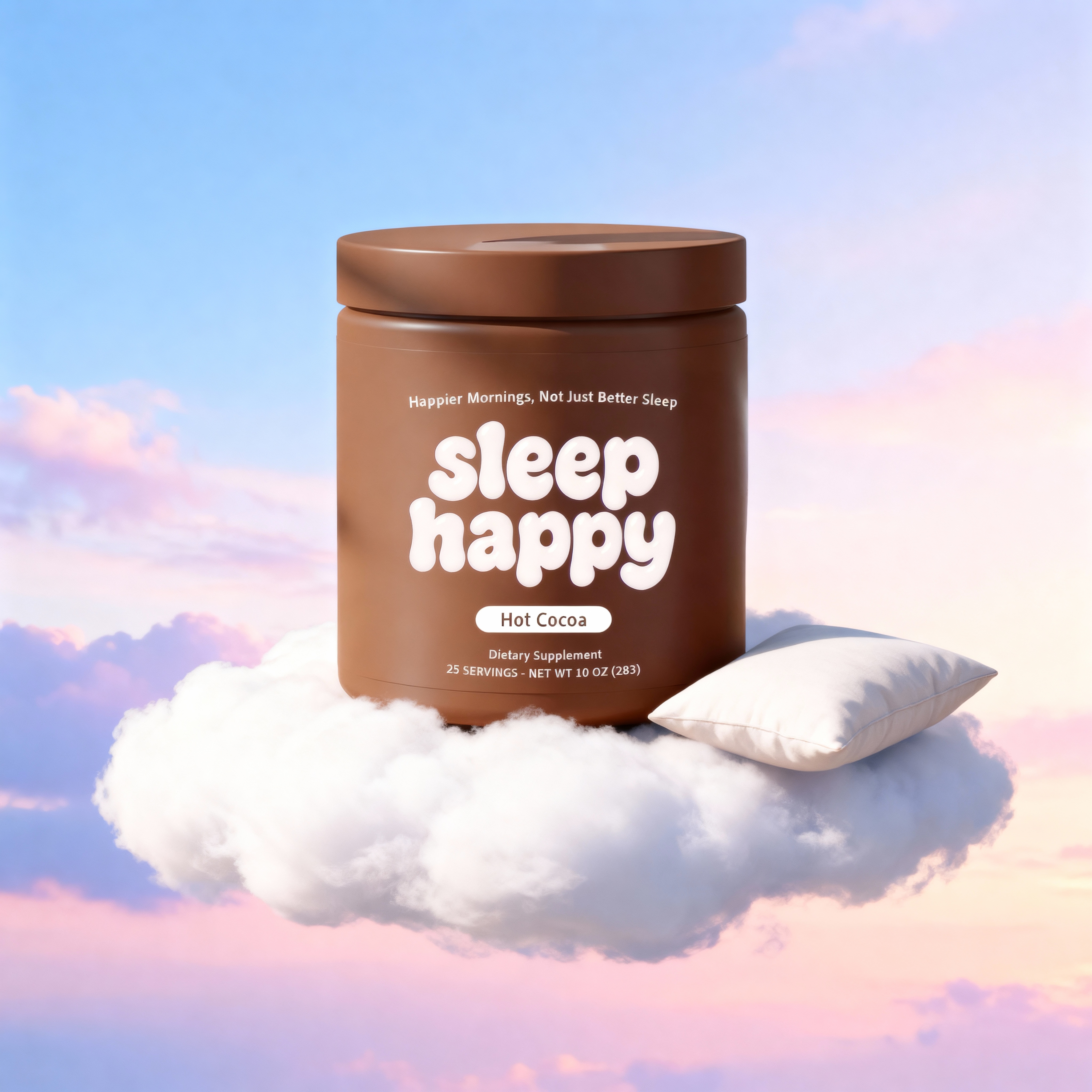 Brown container labeled 'sleep happy' on a cloud with a pillow against a pastel sky.