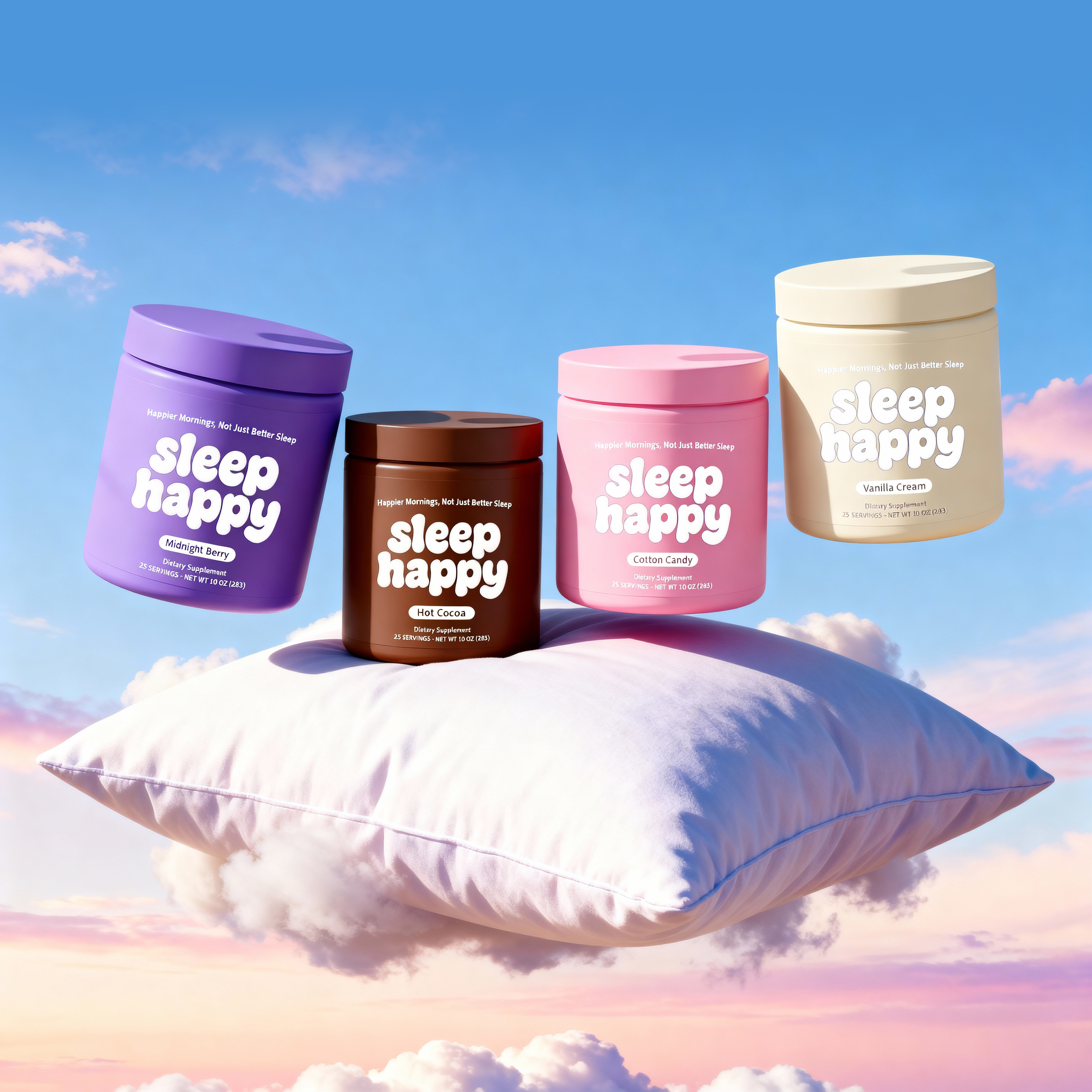 Four colorful 'sleep happy' jars on a floating pillow with clouds in the background.