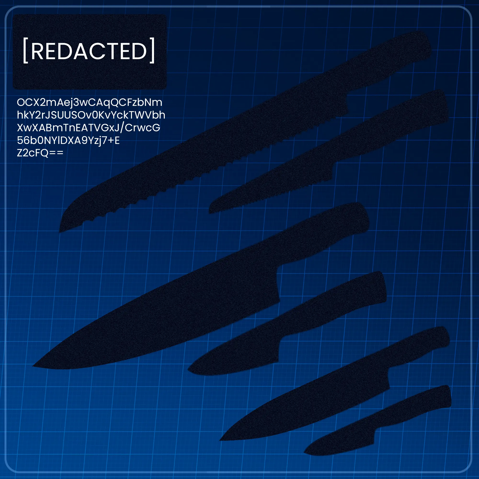 Silhouettes of various knives on a blue grid background.