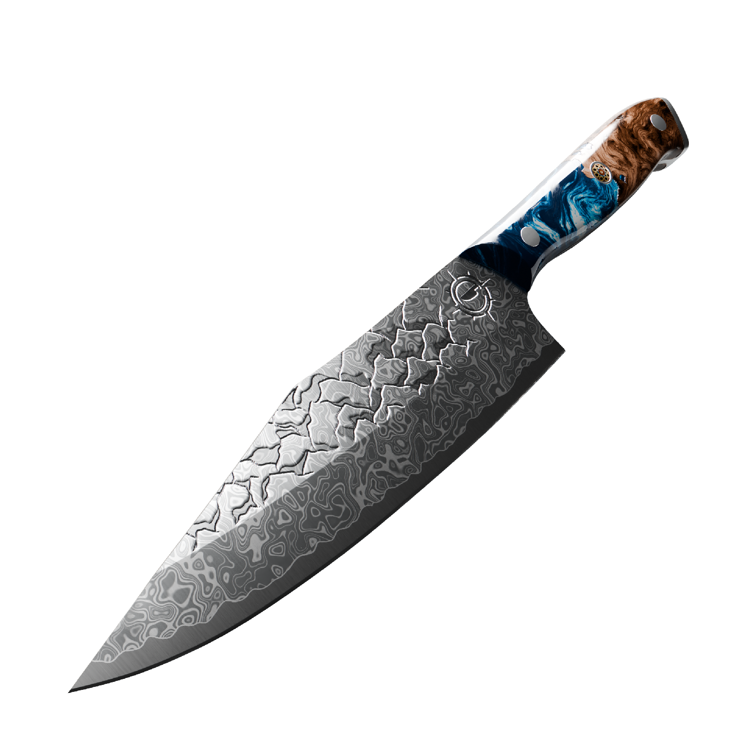 Decorative knife with a patterned blade and a colorful handle.
