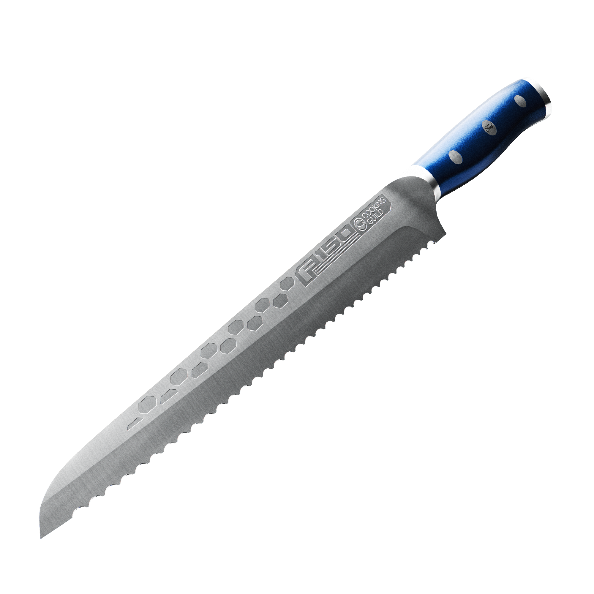 Serrated knife with a blue handle and hexagonal pattern on the blade.