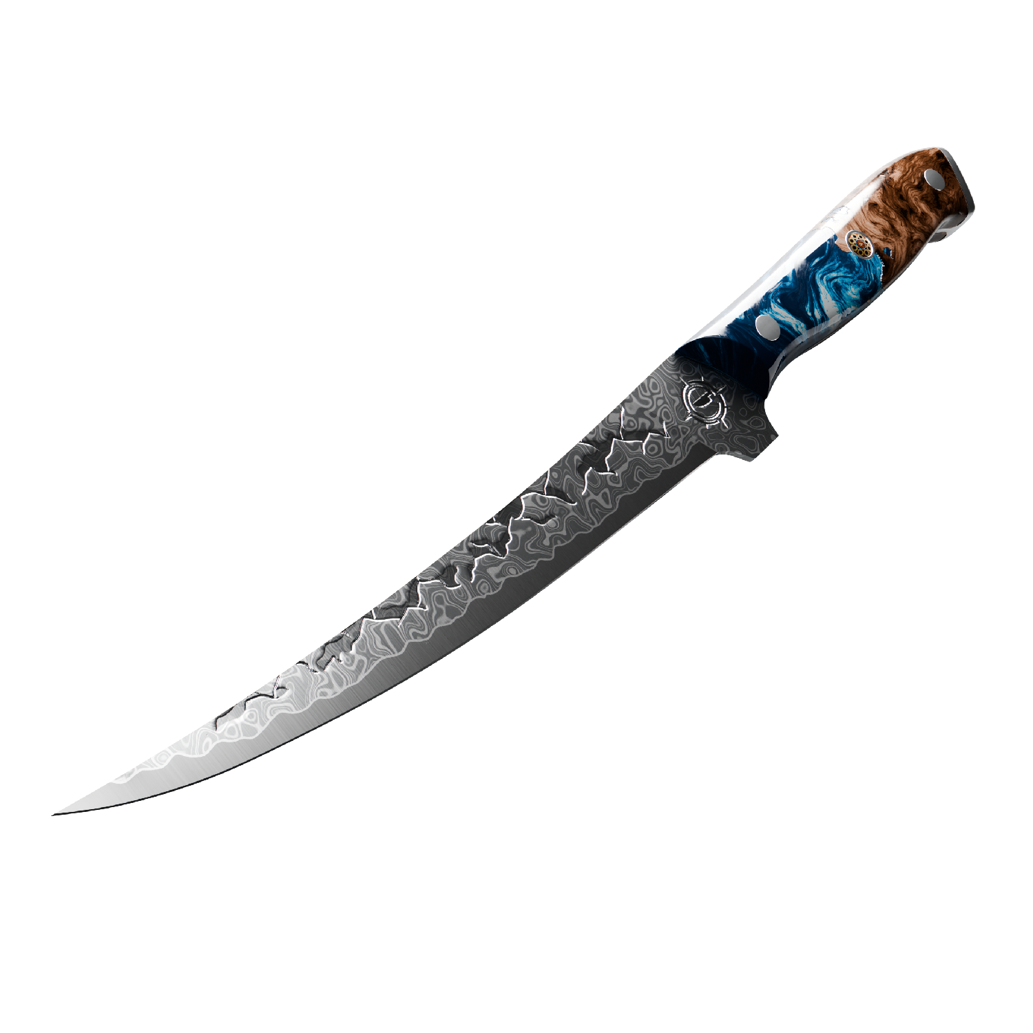 Decorative knife with a patterned blade and a colorful handle.