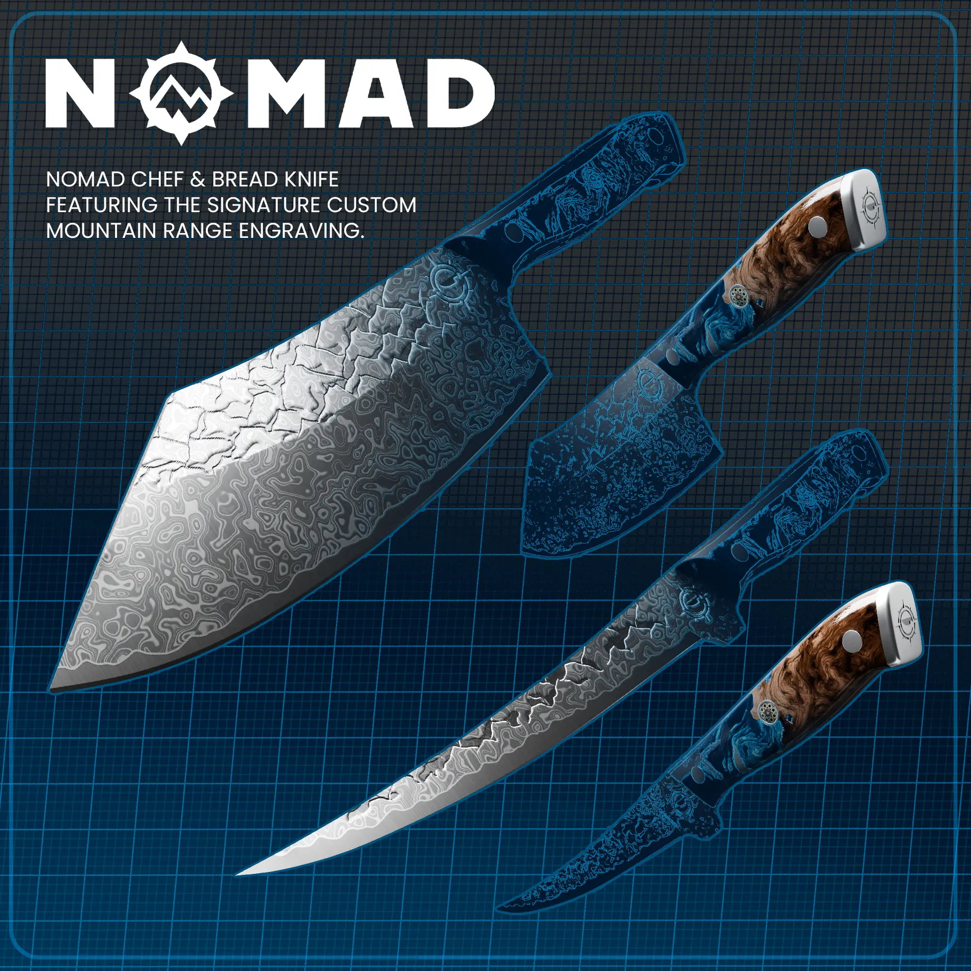 Three knives with engraved blades and wooden handles on a grid background.