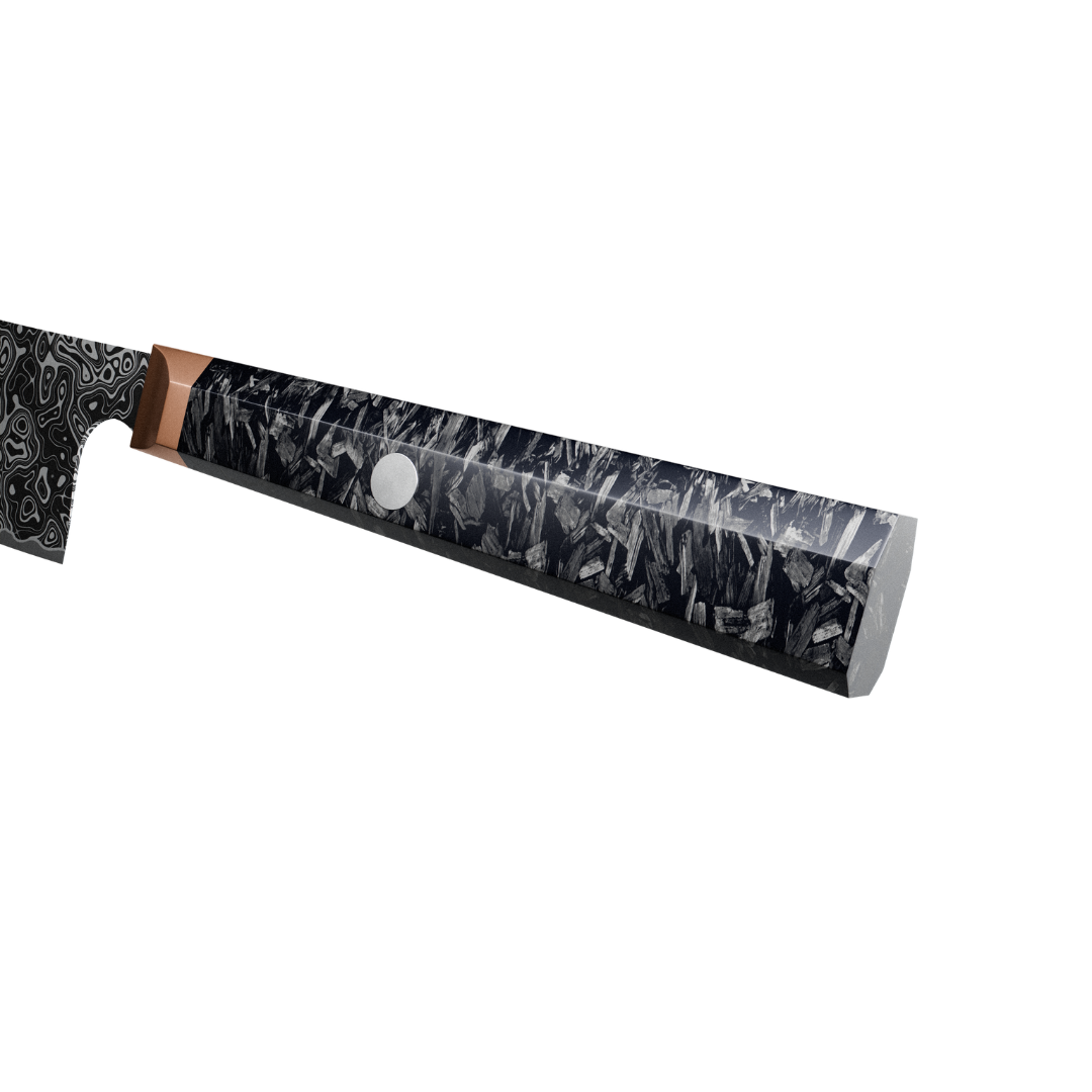 Close-up of a knife handle with a textured, patterned design.