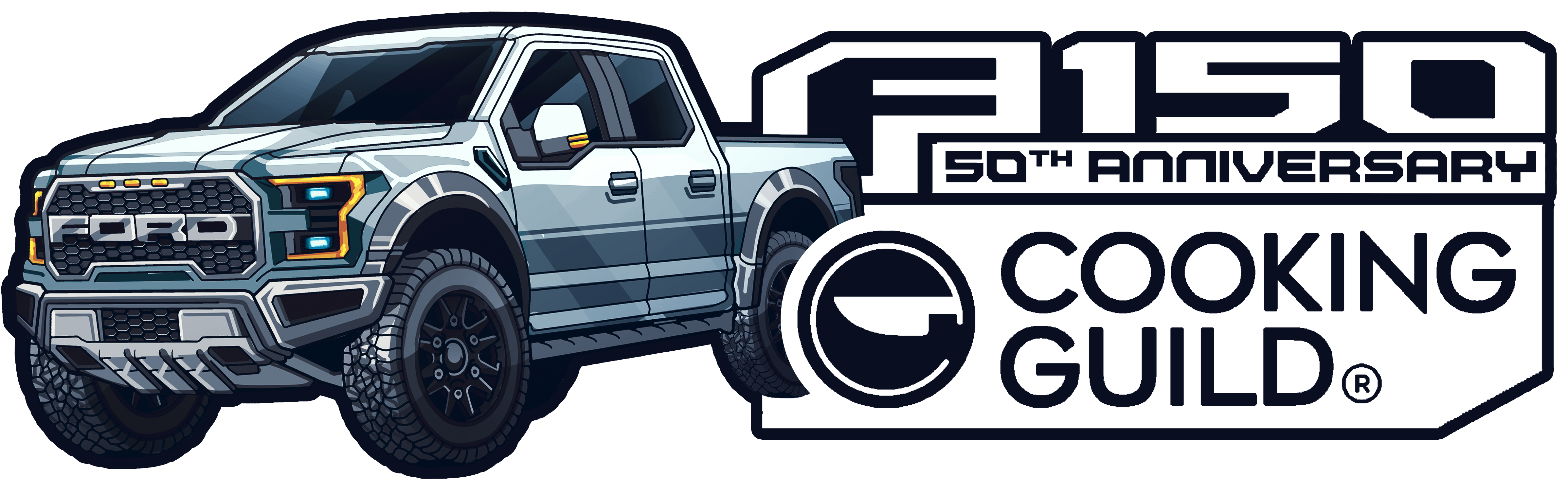 Illustration of a truck with 'F150 50th Anniversary Cooking Guild' text.
