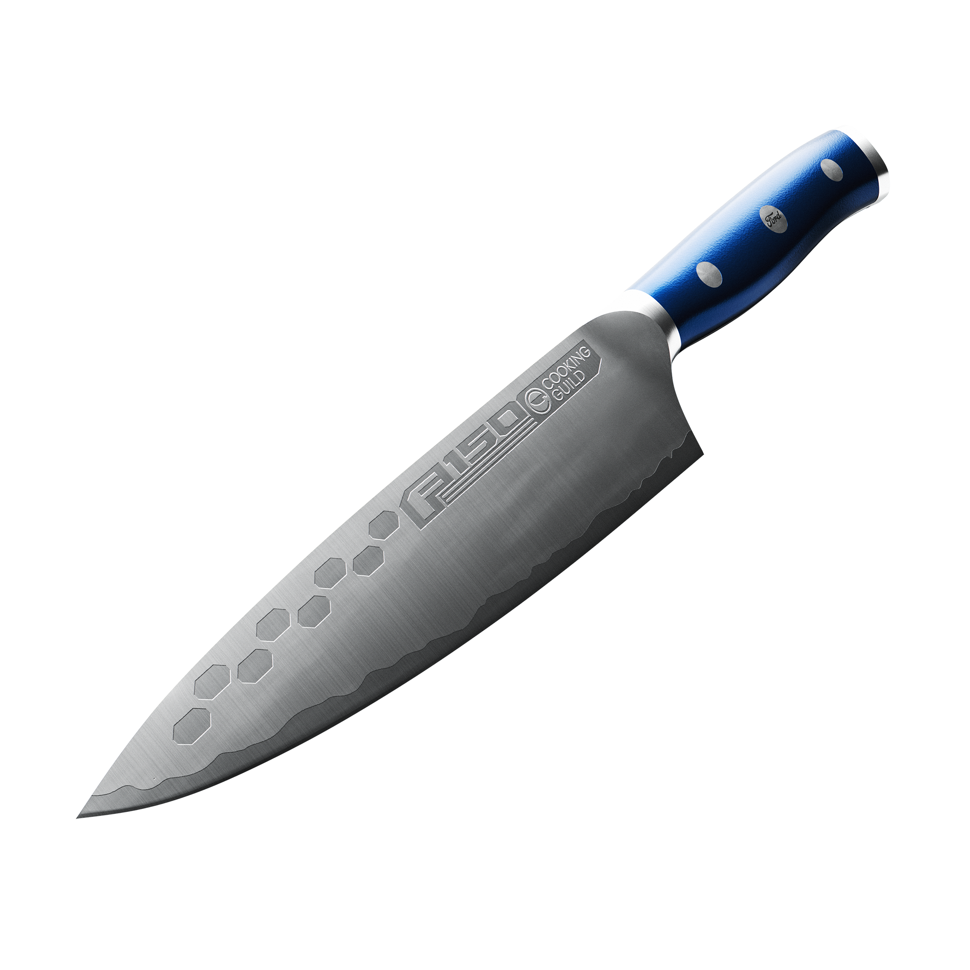 A chef's knife with a blue handle and engraved blade.