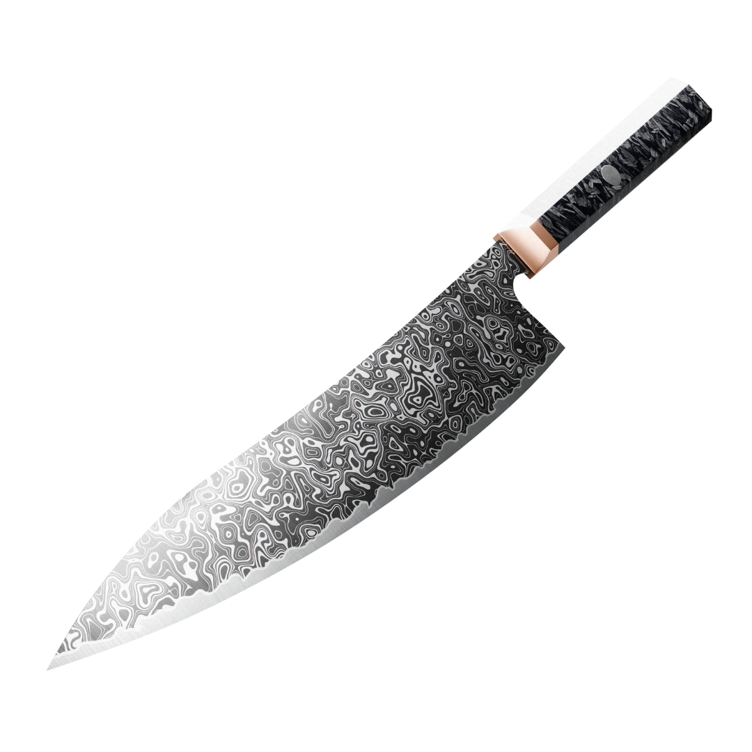 A chef's knife with a patterned blade and a black handle.