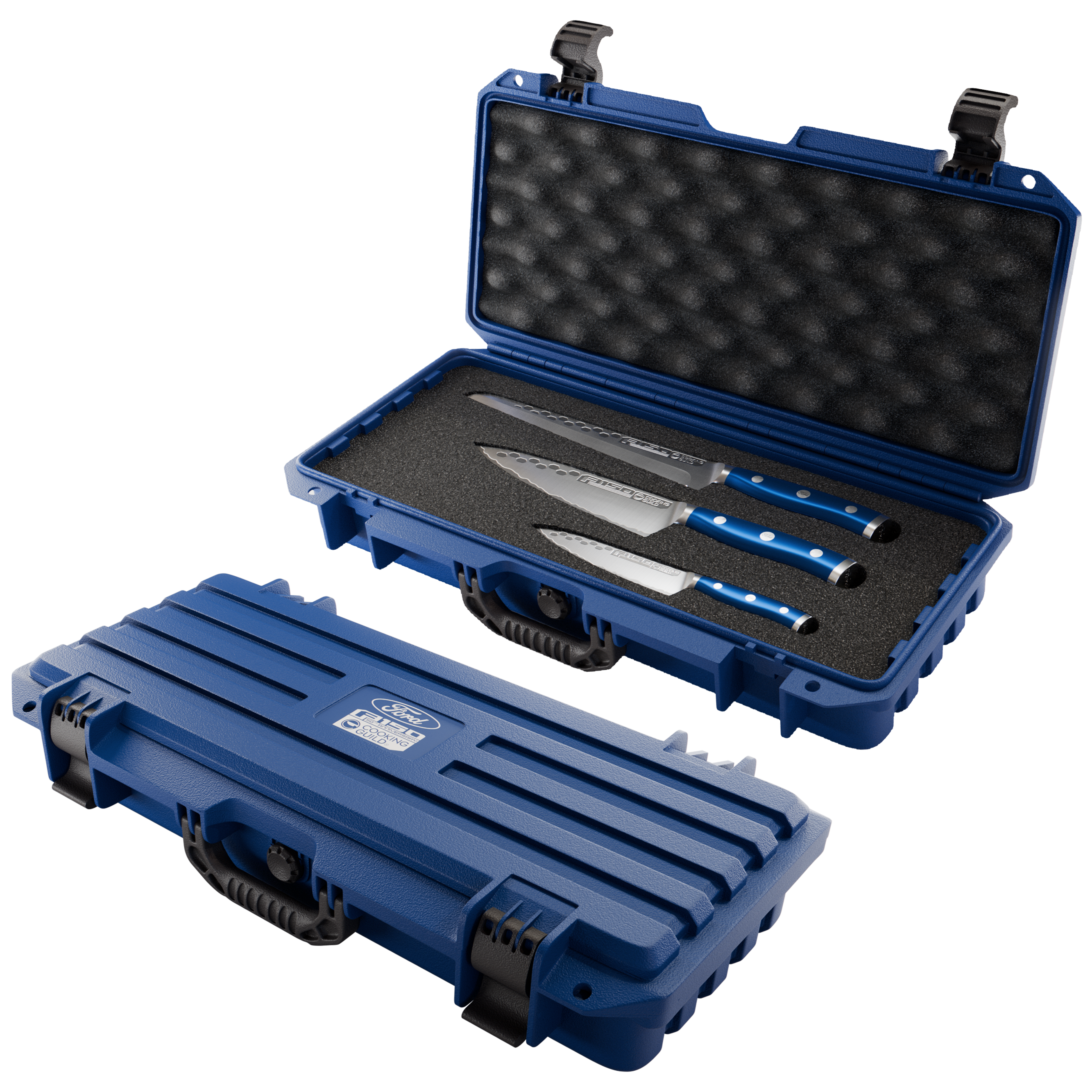 Blue case with three knives inside, foam padding, and secure latches.