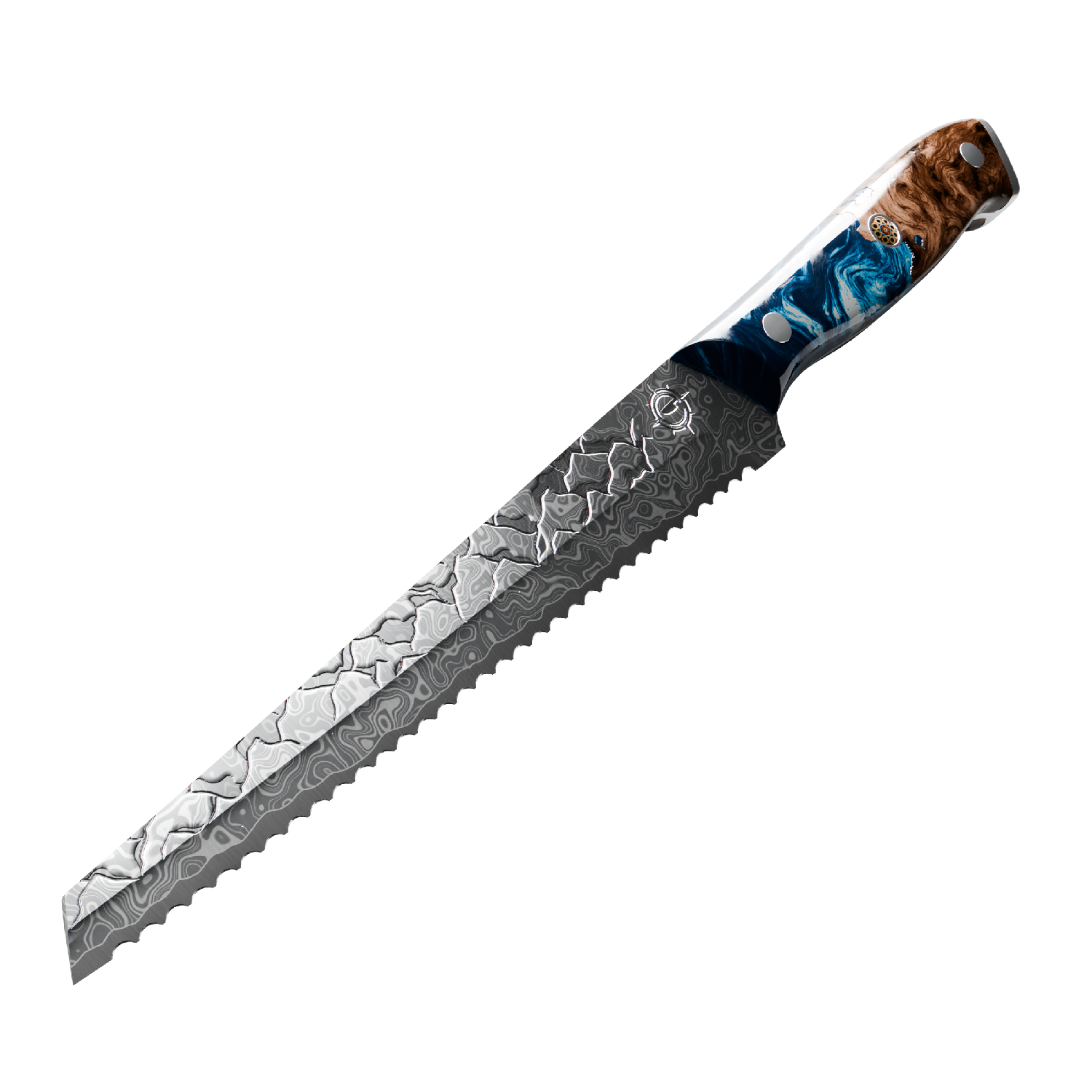 A serrated knife with a patterned blade and a colorful handle.