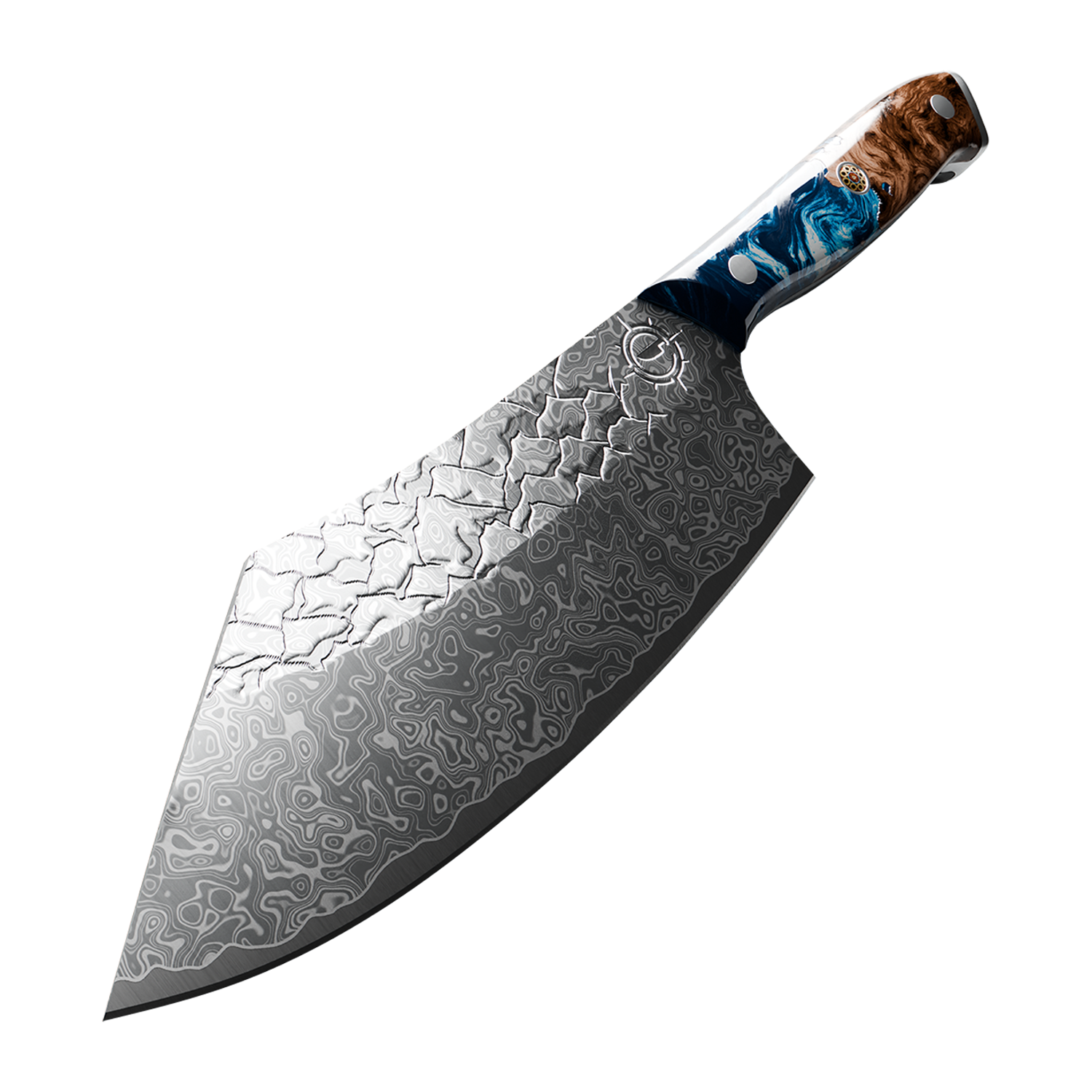 Decorative chef's knife with a patterned blade and a colorful handle.