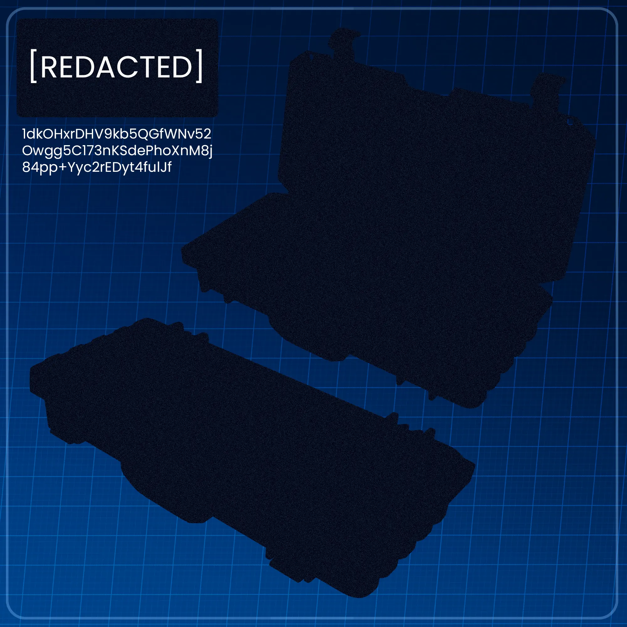 Silhouettes of two objects on a blue grid background with redacted text.