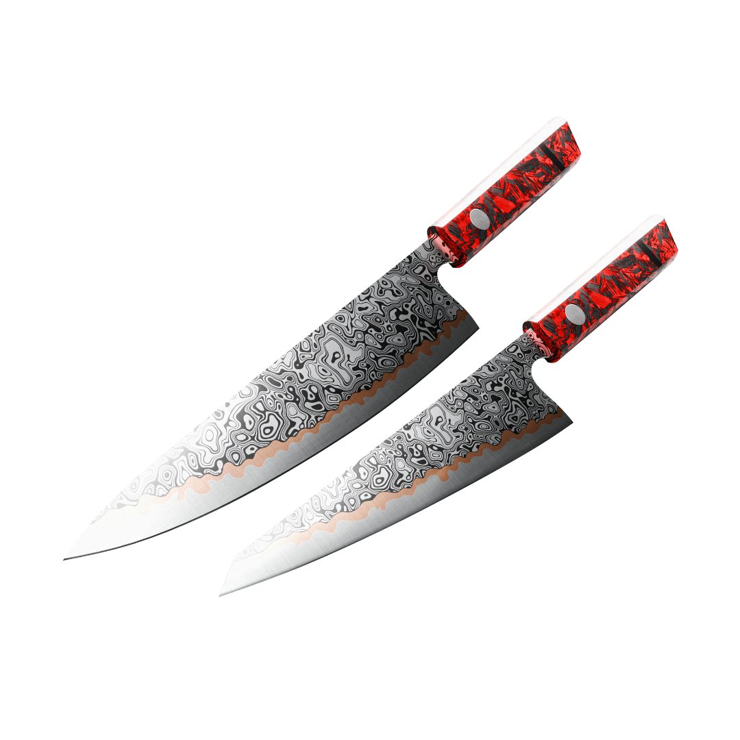 Two decorative knives with patterned blades and red handles on a black background.