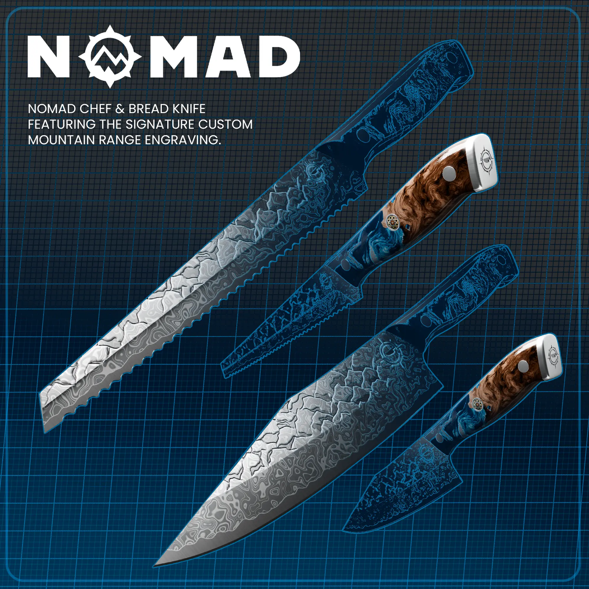 Three knives with engraved blades and wooden handles on a grid background.
