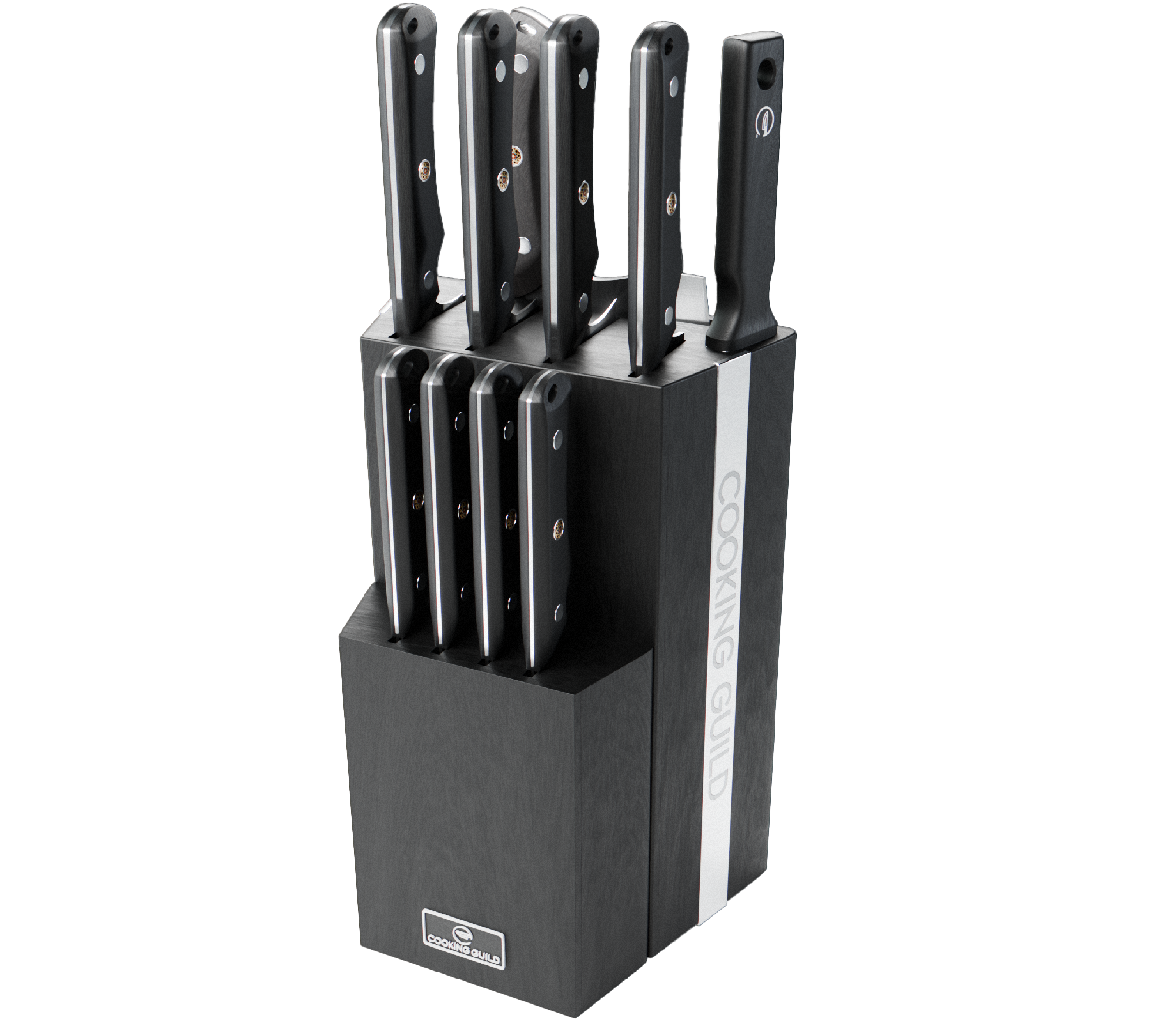 Black knife block set with multiple knives, labeled 'Cooking Guild.'