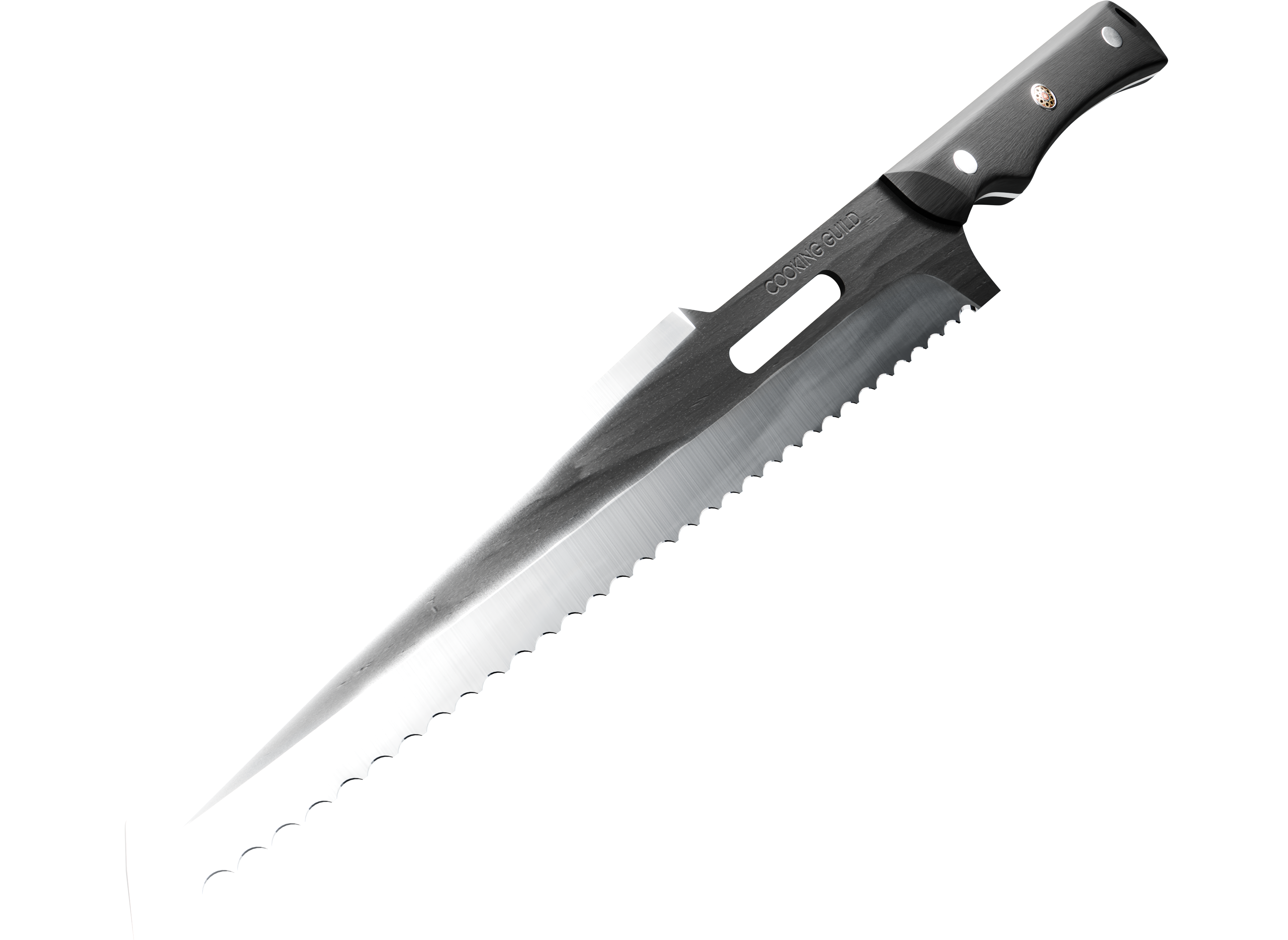 Serrated kitchen knife with a black handle on a white background.