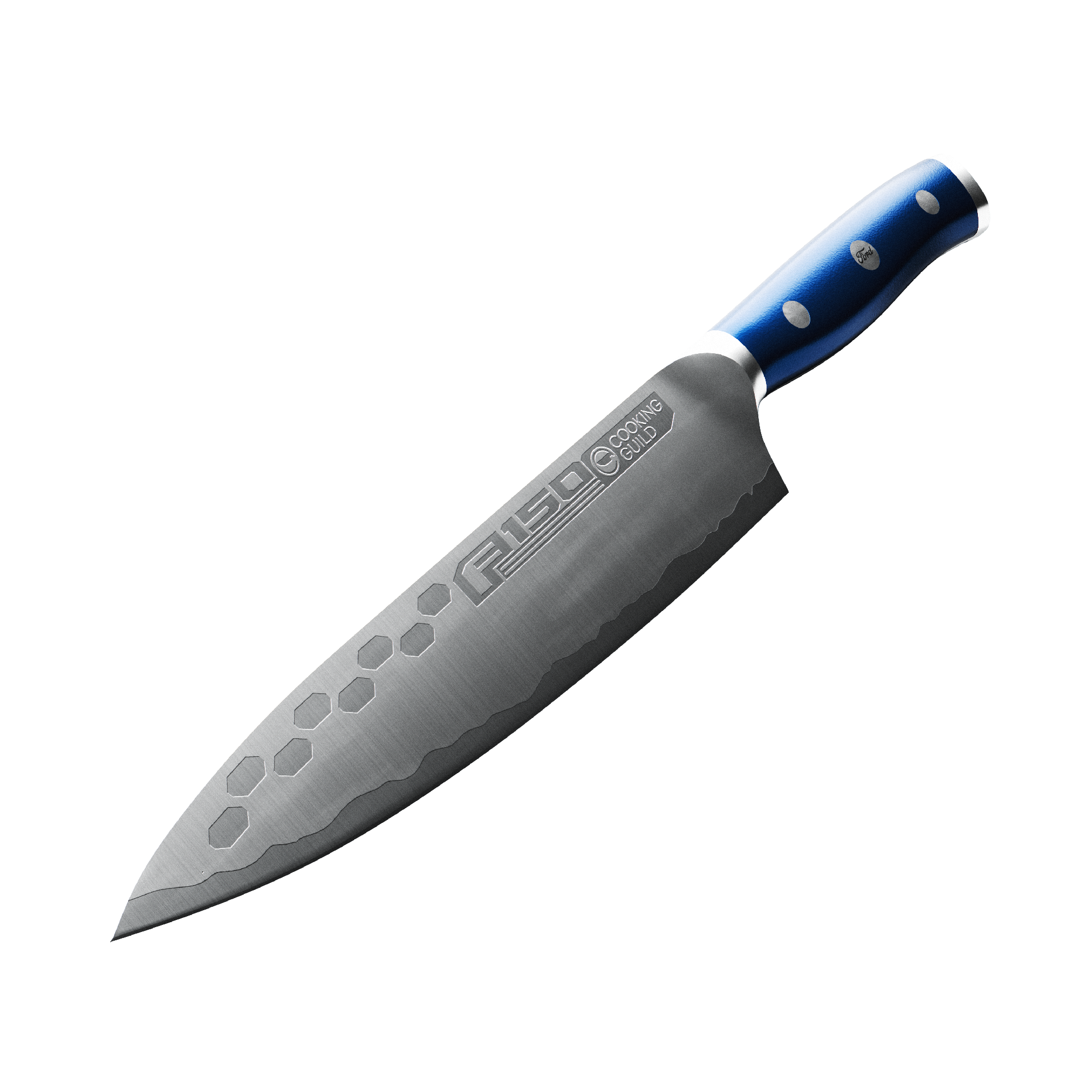 A chef's knife with a blue handle and engraved blade.