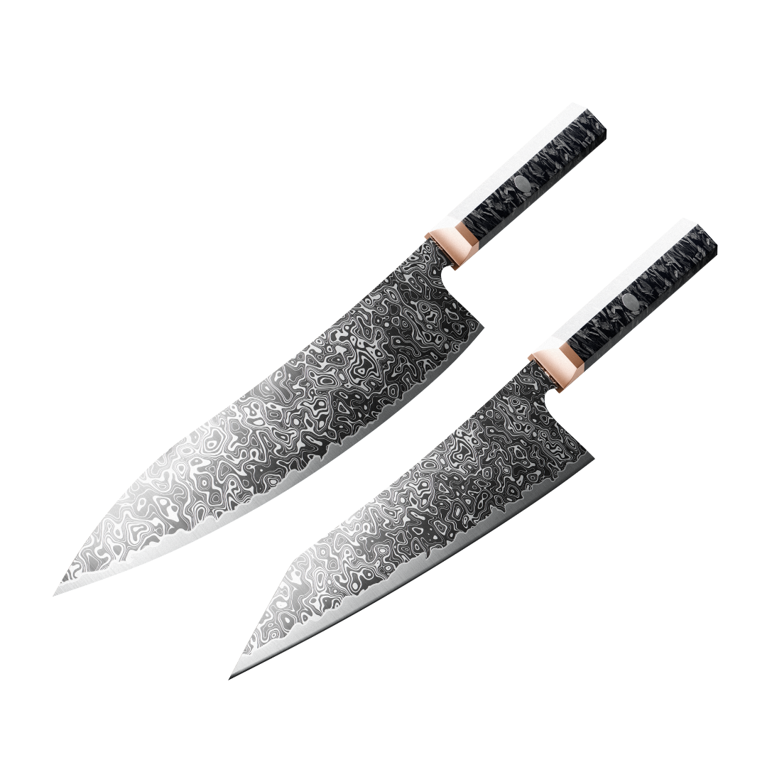Two decorative knives with patterned blades and dark handles.