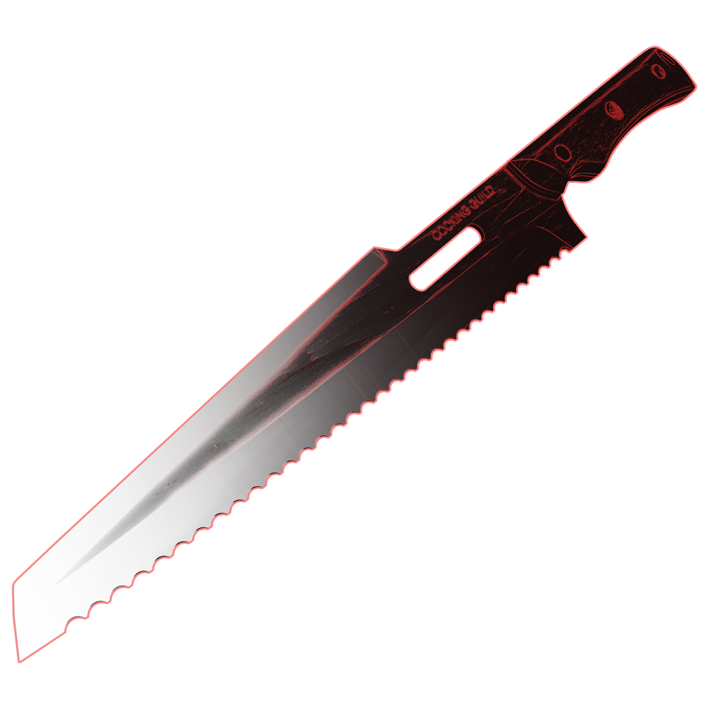 Large serrated knife with a black handle on a red background.
