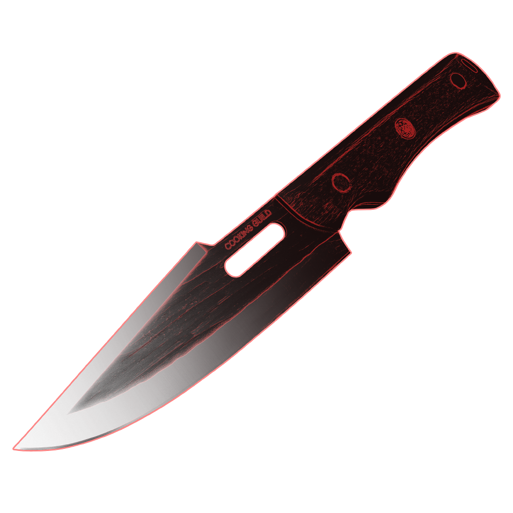 A knife with a black handle and a shiny blade on a red background.