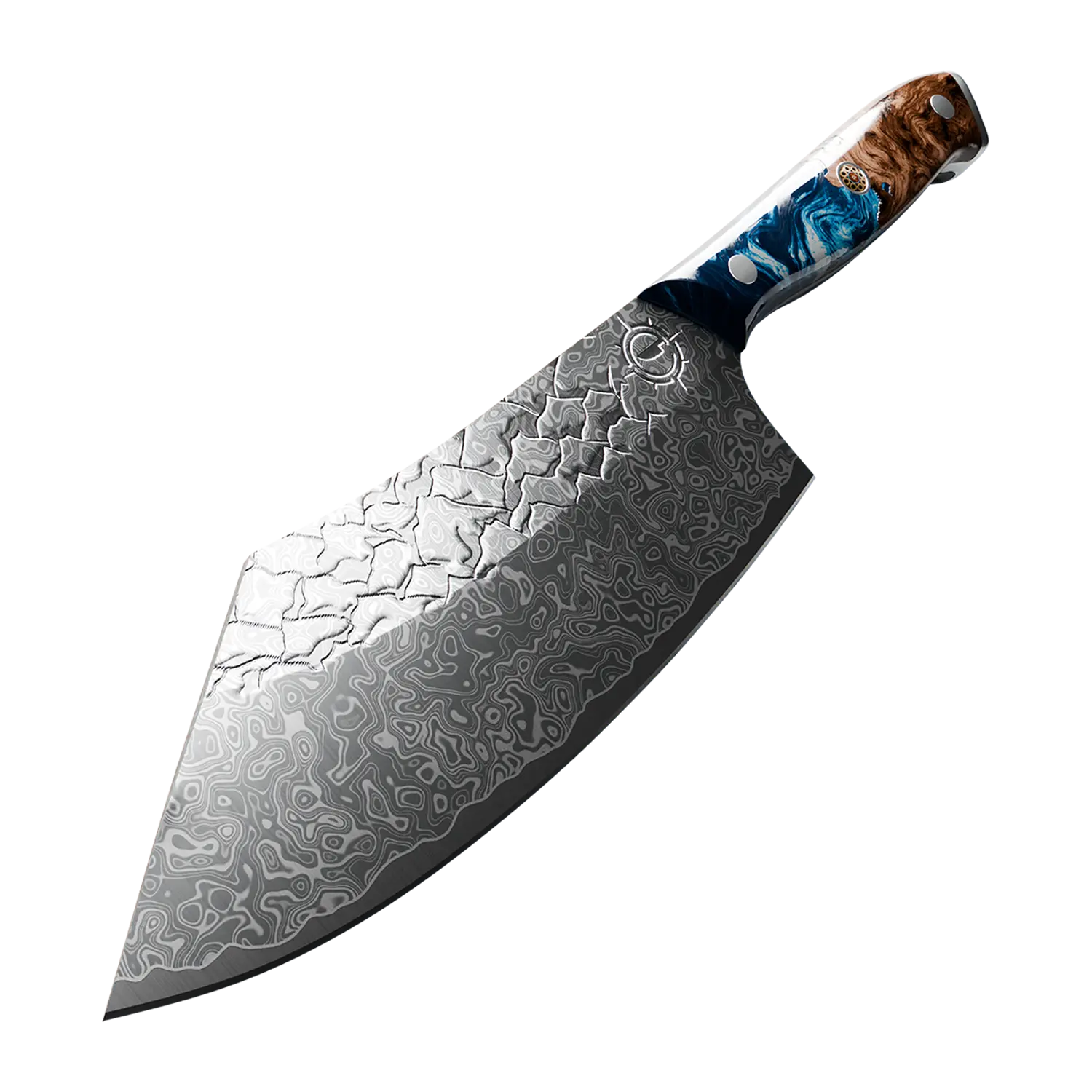 Decorative chef's knife with a patterned blade and a colorful handle.