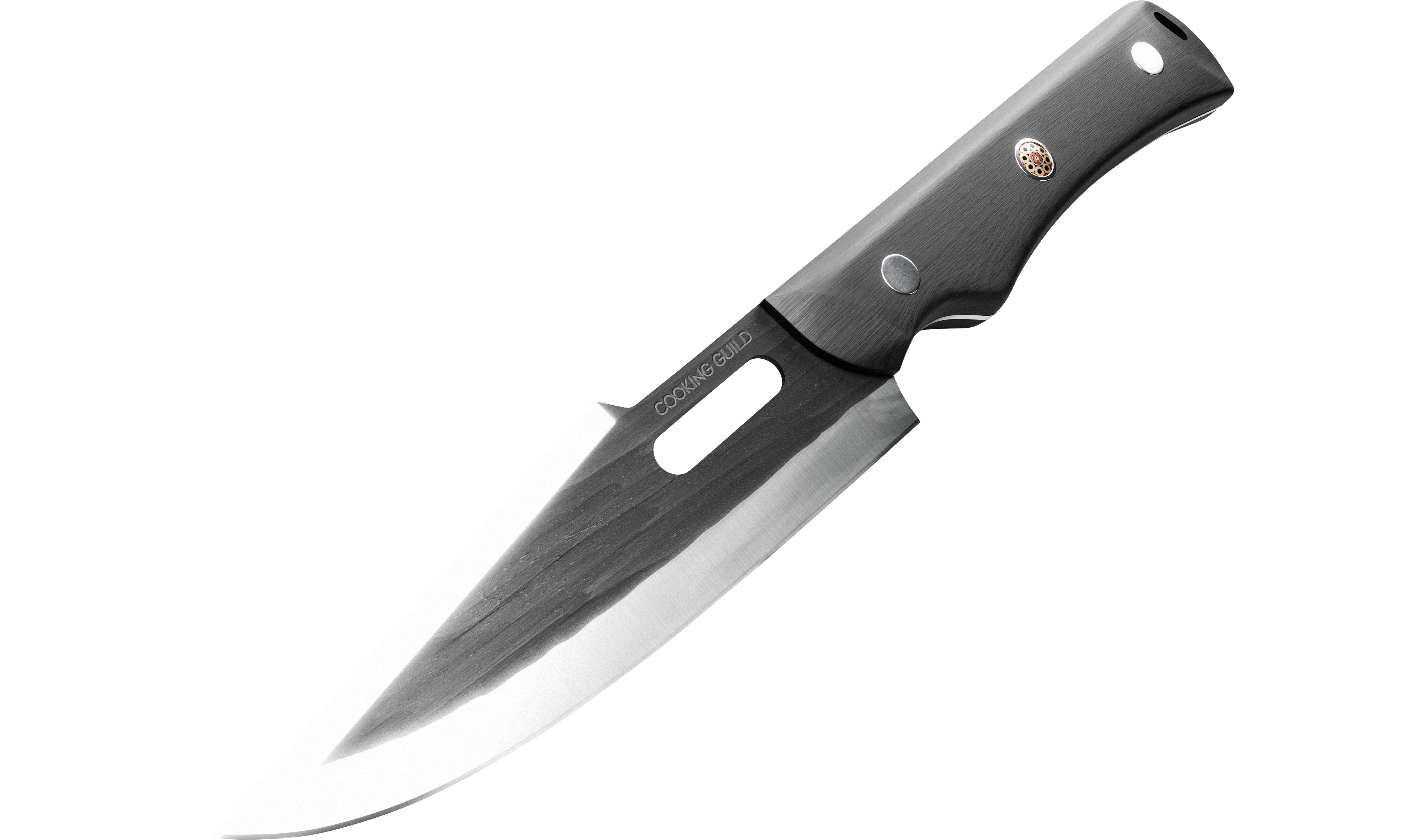 A chef's knife with a black handle and a shiny blade.